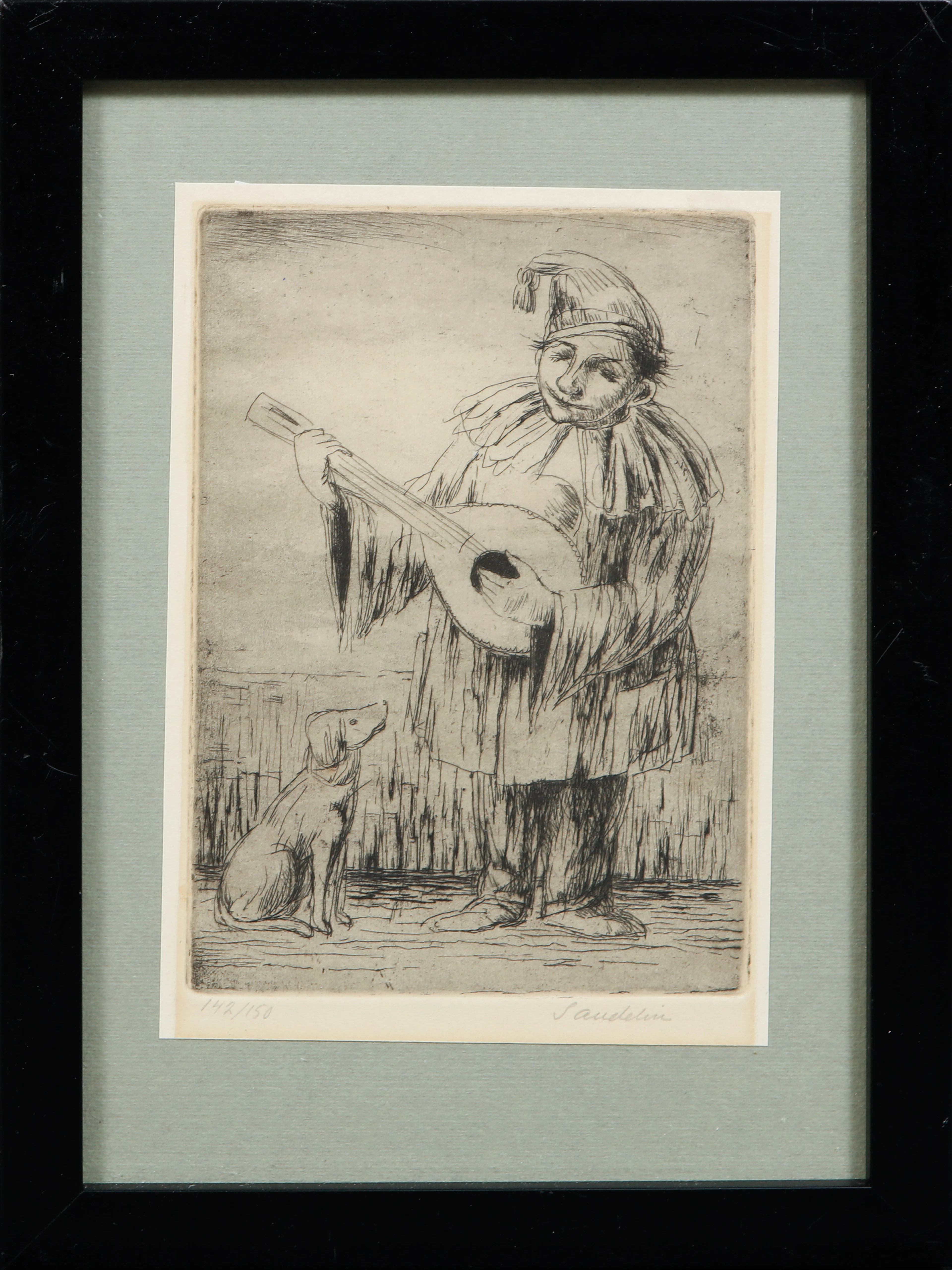 BÖRJE SANDELIN. Harlekin med hund, torrnål, signerad och numrerad 142/150.
