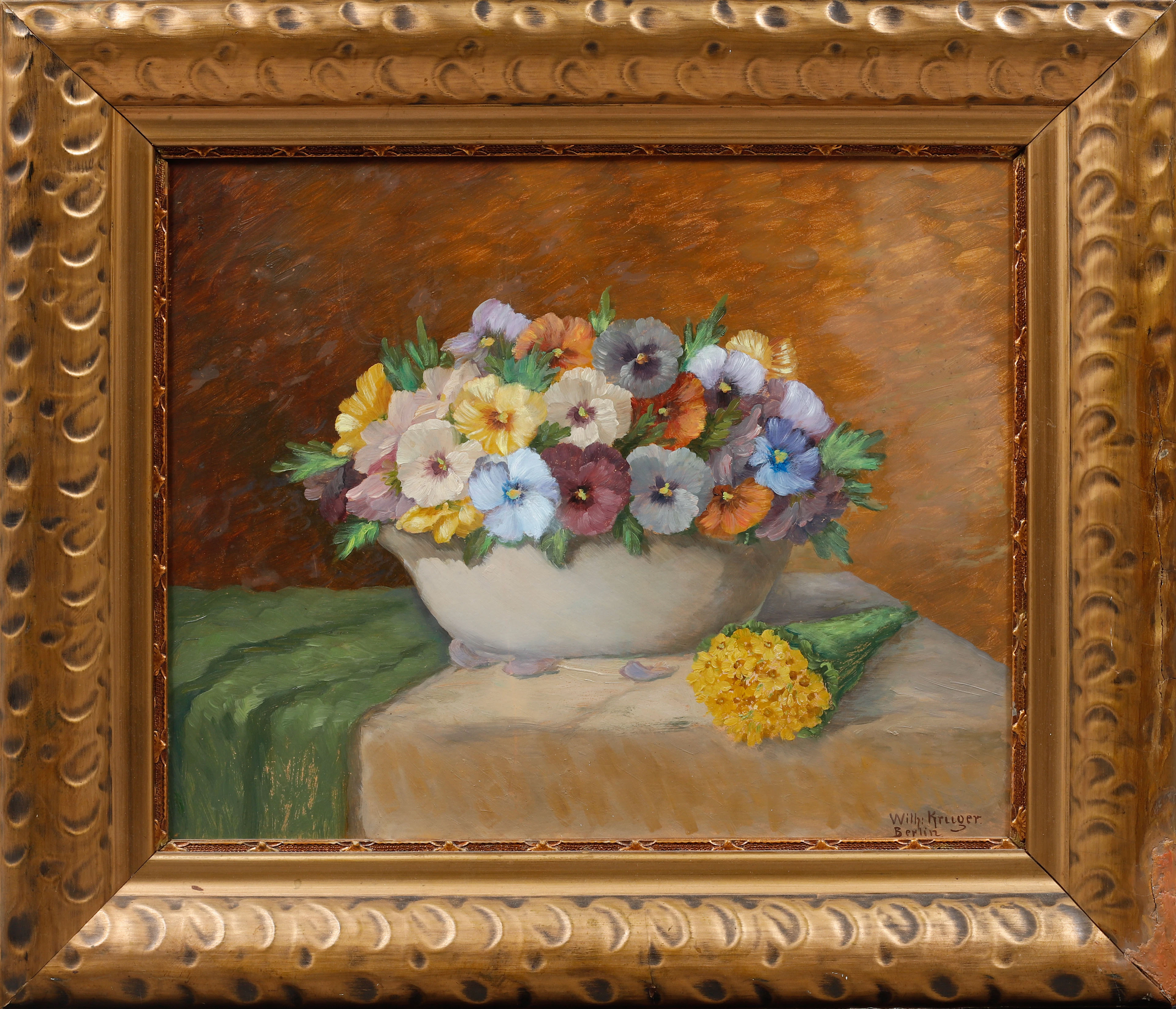 WILHELM KRUGER. Blomsterstilleben, olja på pannå, signerad.