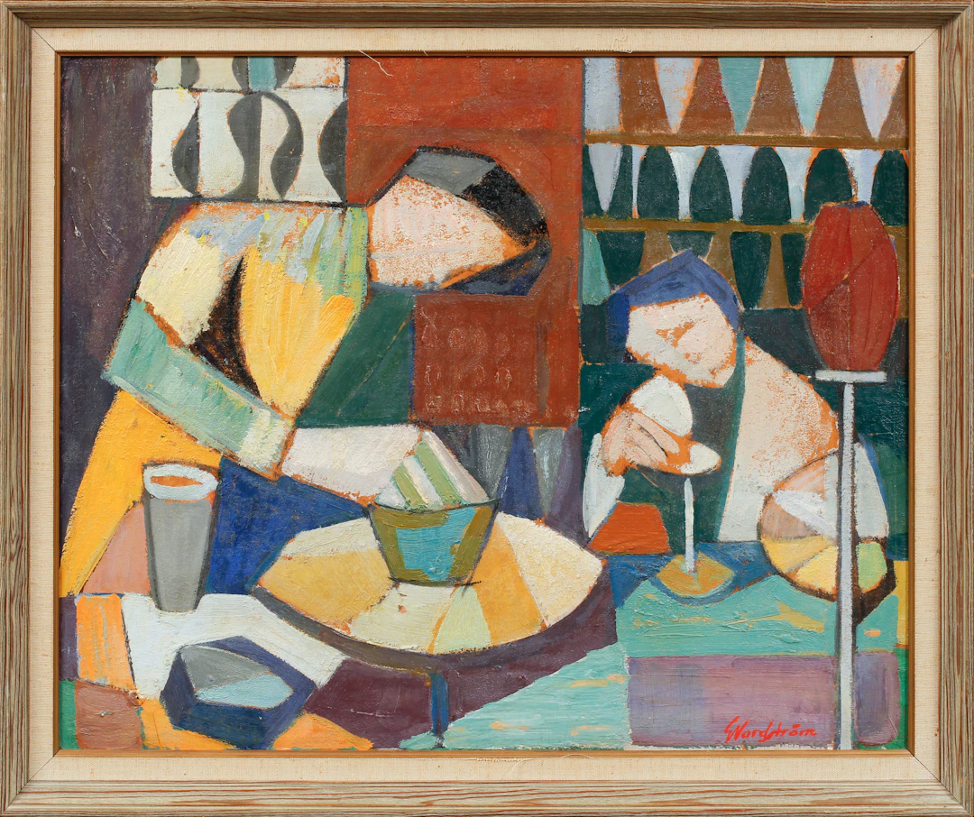 GUNNAR NORDSTRÖM. "Keramikverkstaden", olja på pannå, signerad.