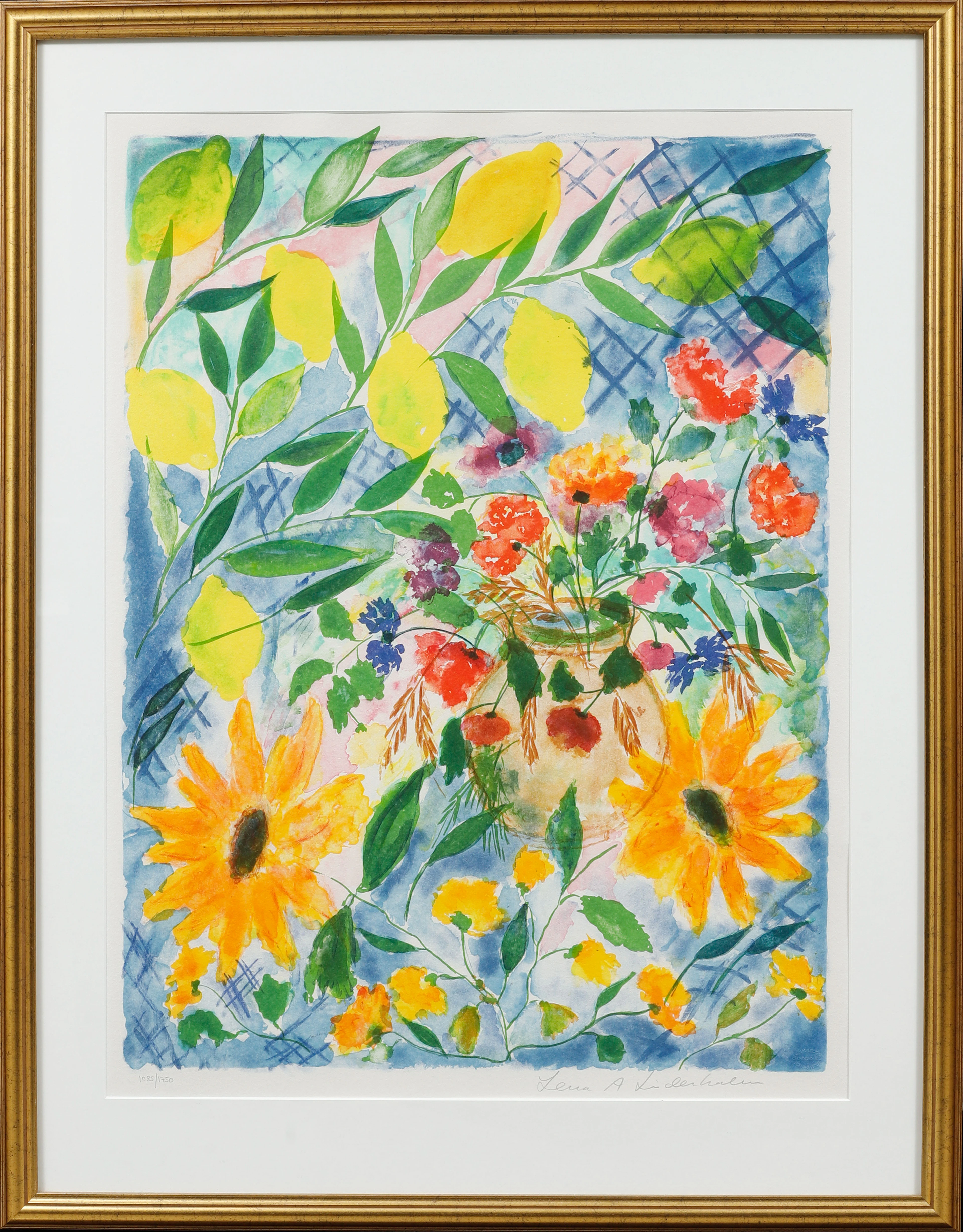 LENA LINDERHOLM. Blommor i kruka, färglitografi, signerad och numrerad