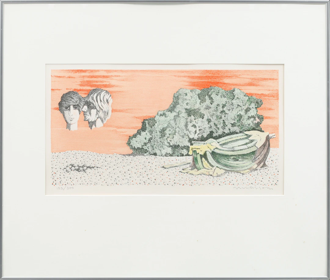 AXEL OLSON. Surrealistisk bild, färglitografi, signerad och numrerad 153/300.