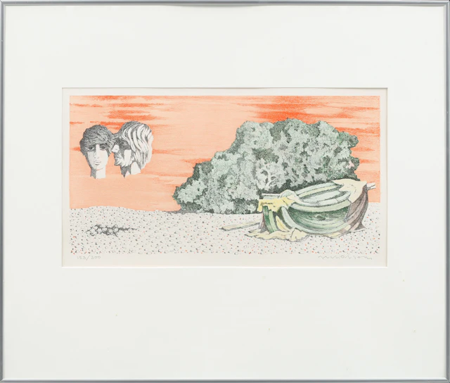 AXEL OLSON. Surrealistisk bild, färglitografi, signerad och numrerad 153/300.