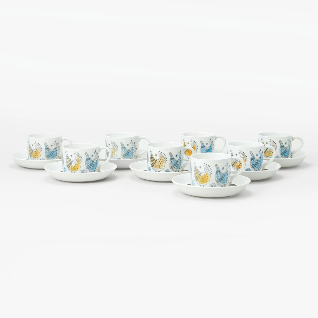 KAFFEKOPPAR med FAT, 8 st, "Fenix", flintgods, Rörstrand.