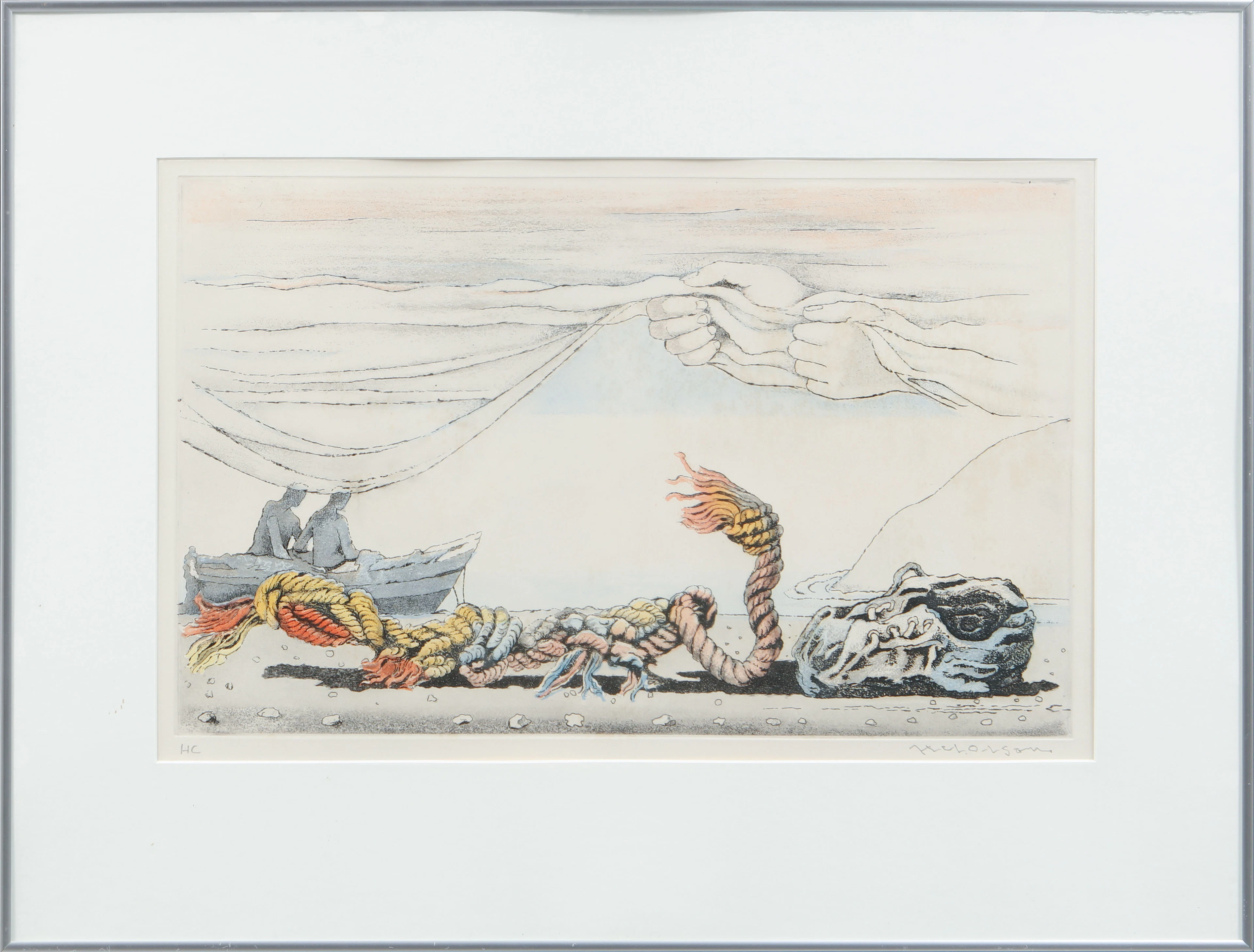 AXEL OLSON. Surrealistisk bild, färglitografi, signerad, HC.
