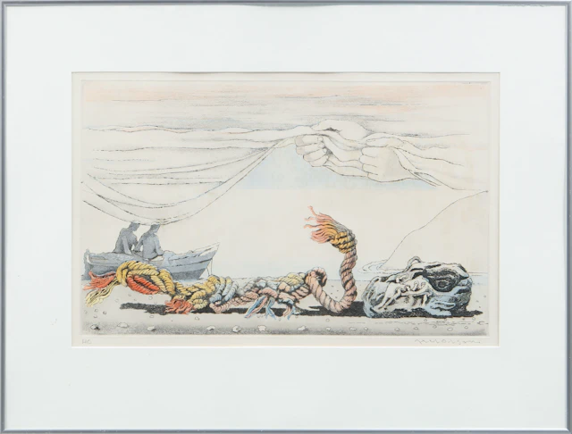 AXEL OLSON. Surrealistisk bild, färglitografi, signerad, HC.