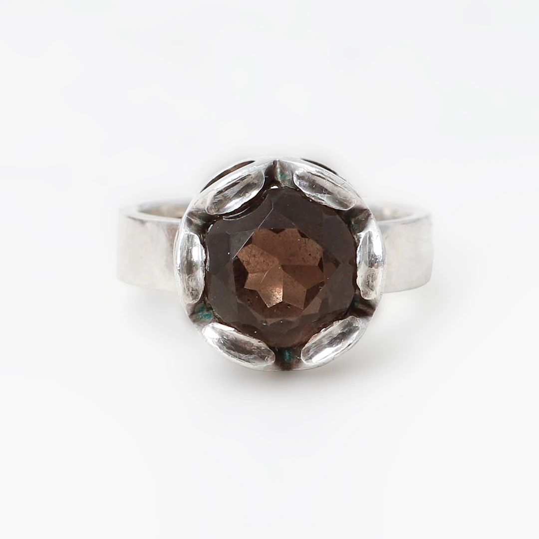 KARL-INGEMAR JOHANSSON. Ring samt örhängen, ett par, silver, rökkvarts