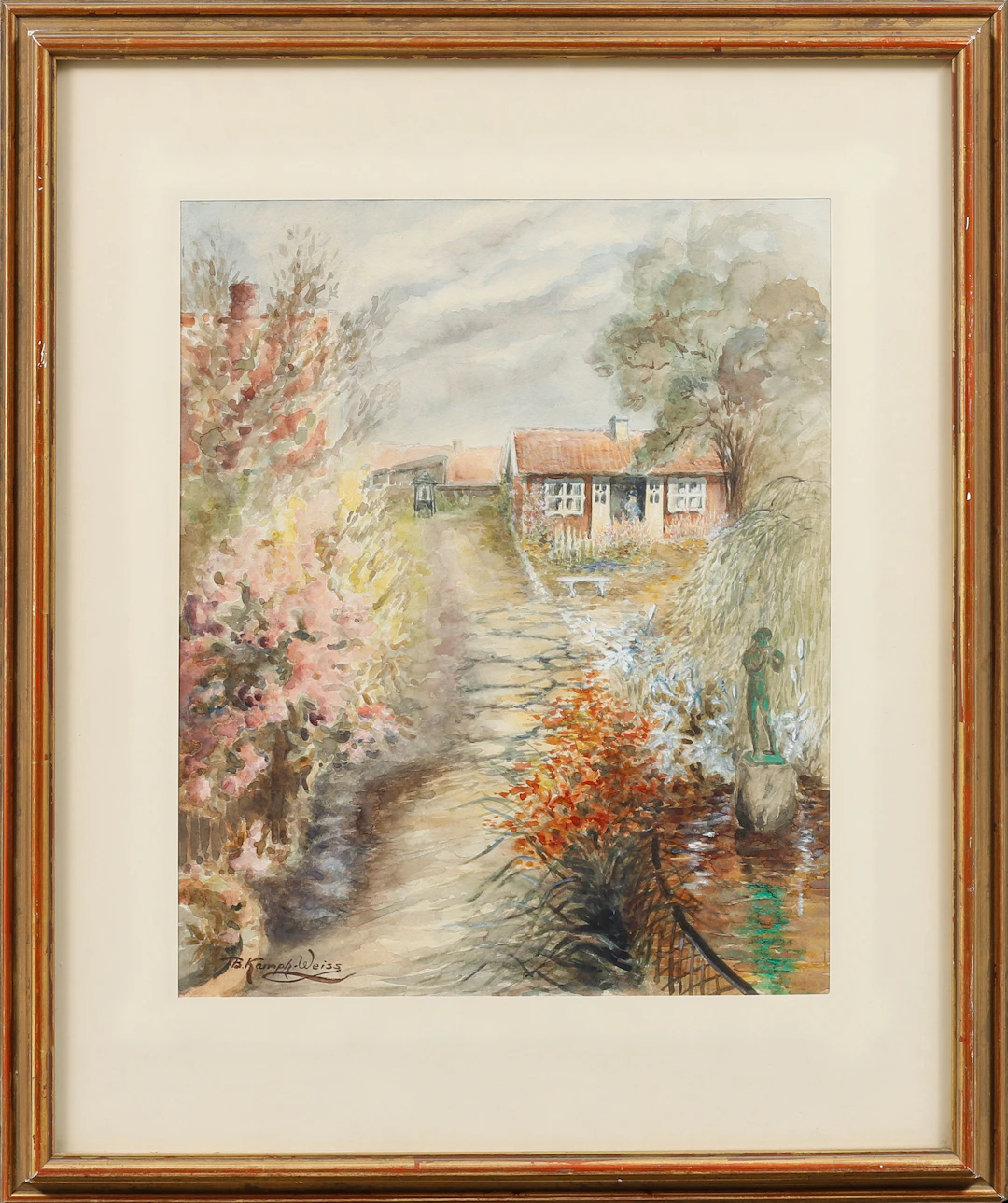 BORGHILD KAMPH-WEISS. Hus och trädgård, akvarell, signerad.