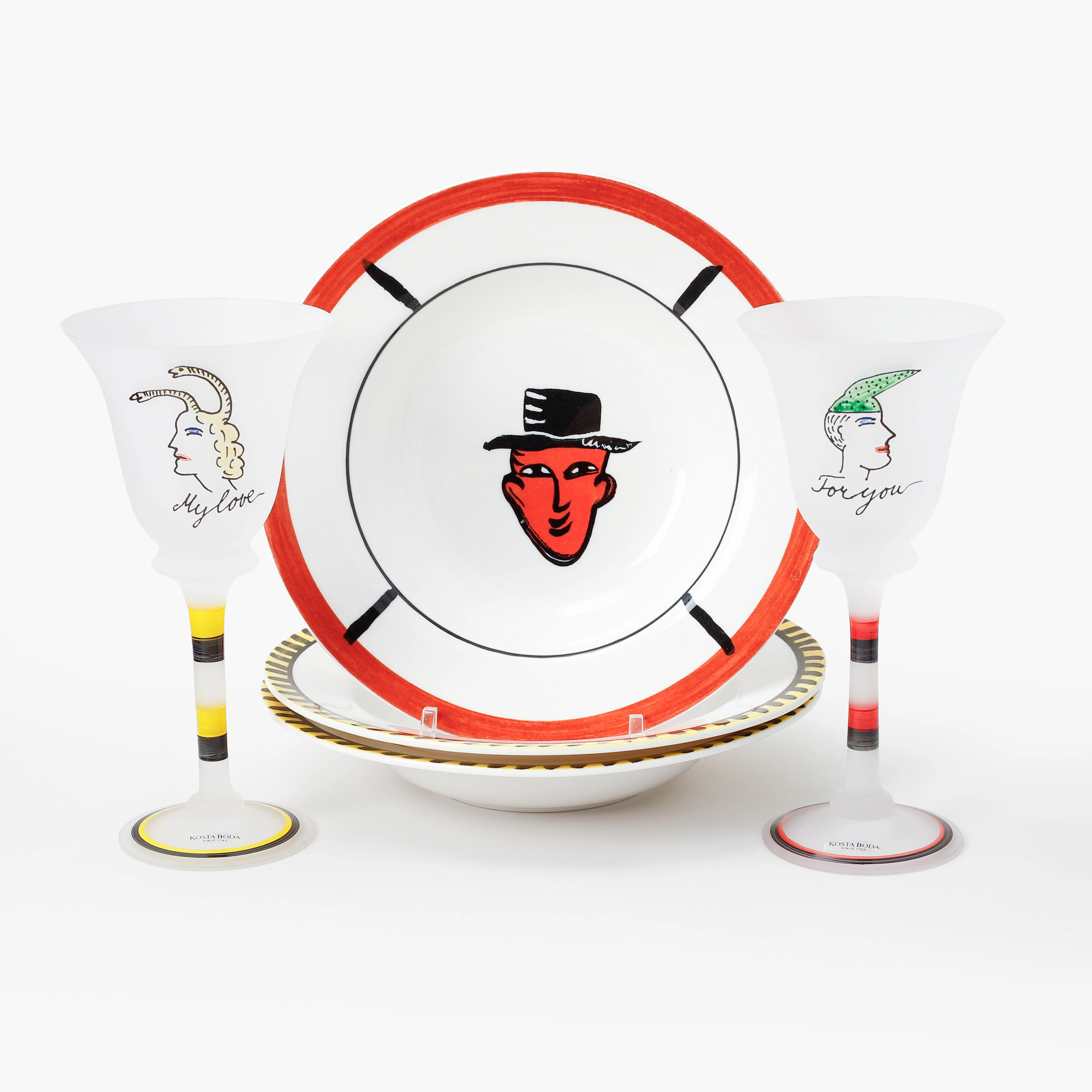 ULRICA HYDMAN-VALLIEN. Djupa tallrikar, 3 stycken, "People" samt pokalglas
