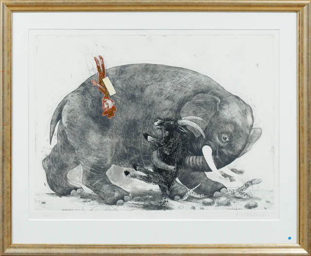 PÄR GUNNAR THELANDER. Komposition med elefant, färgetsning, signerad