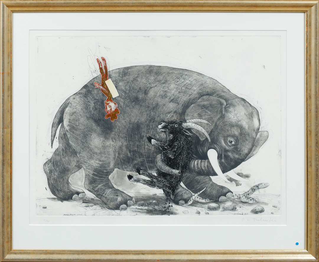 PÄR GUNNAR THELANDER. Komposition med elefant, färgetsning, signerad