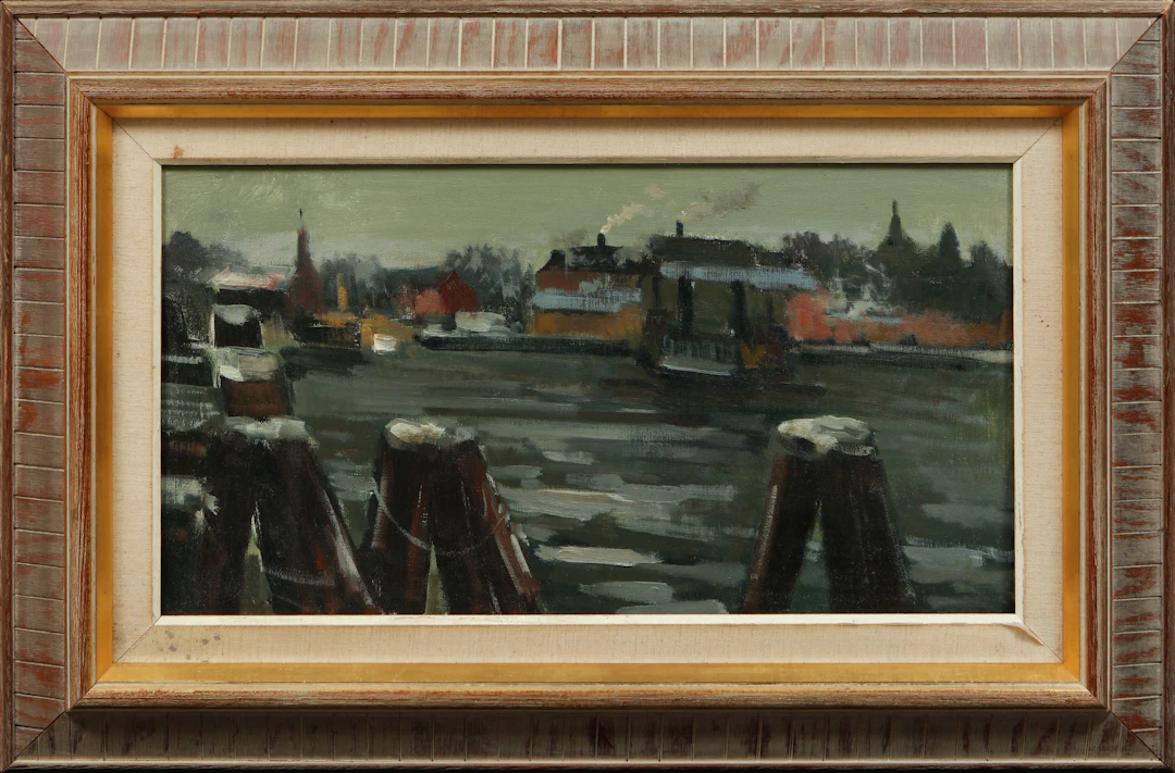 TAGE GAVIK. "Från Färjenäs Göteborg", olja på duk.