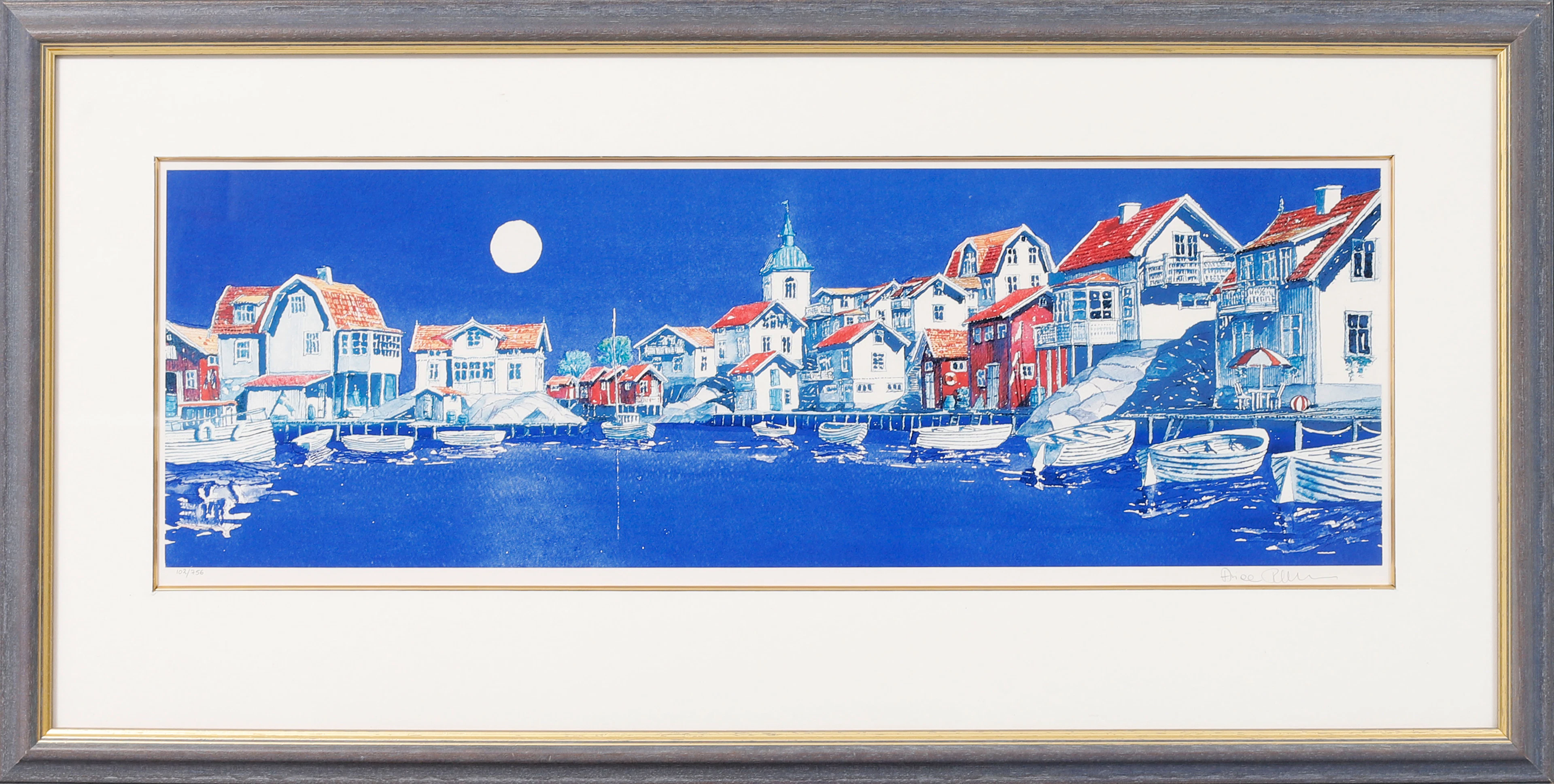 ARIANA RAMHAGE. "Grundsund panorama", färgcolografi, signerad och