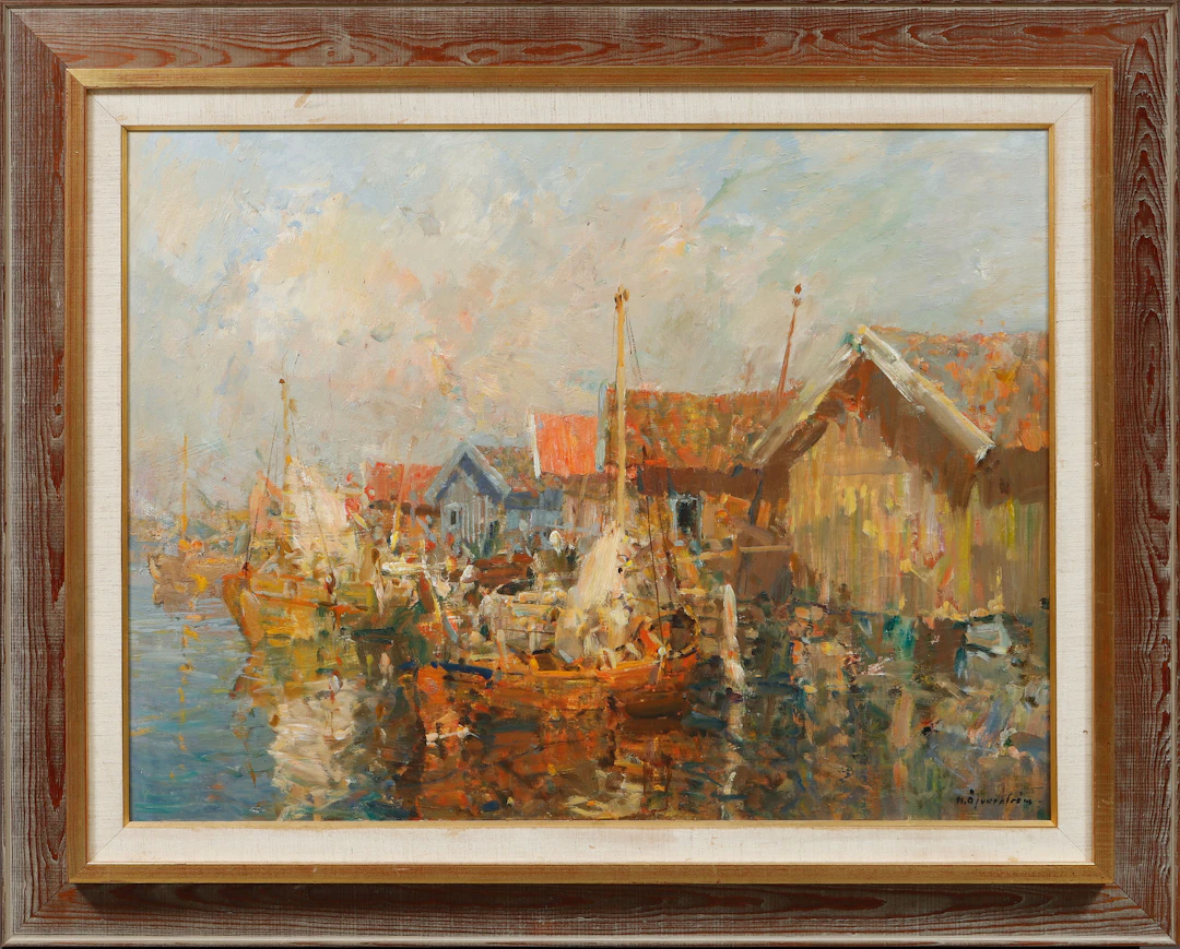 HUGO ÖFVERSTRÖM. Fiskeläge, olja på pannå, signerad.