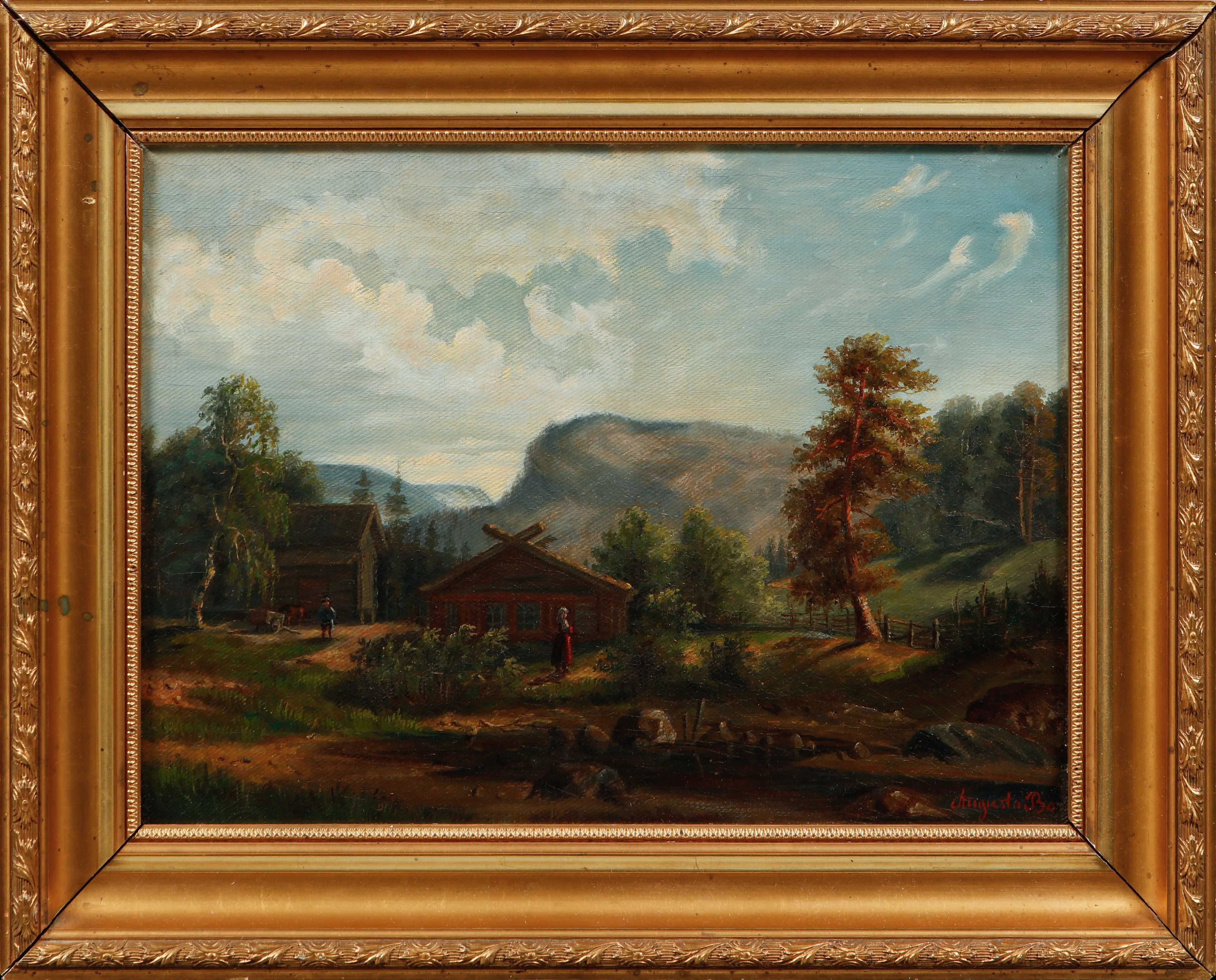 AUGUSTA BORG. Landskap med stuga, olja på duk, signerad, sent 1800-tal.