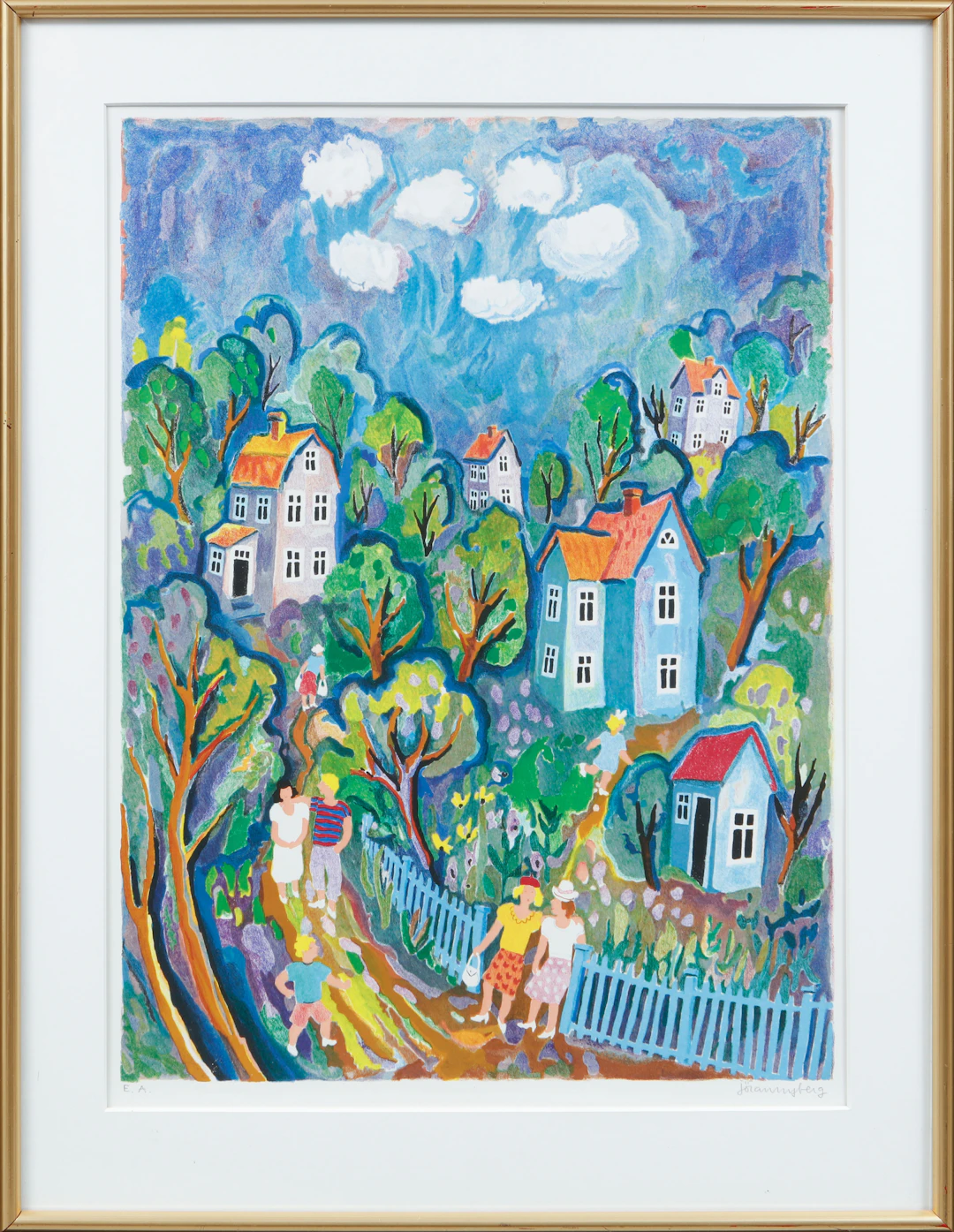 JÖRAN NYBERG. Bostadsområde, färglitografi, signerad. Provtryck.