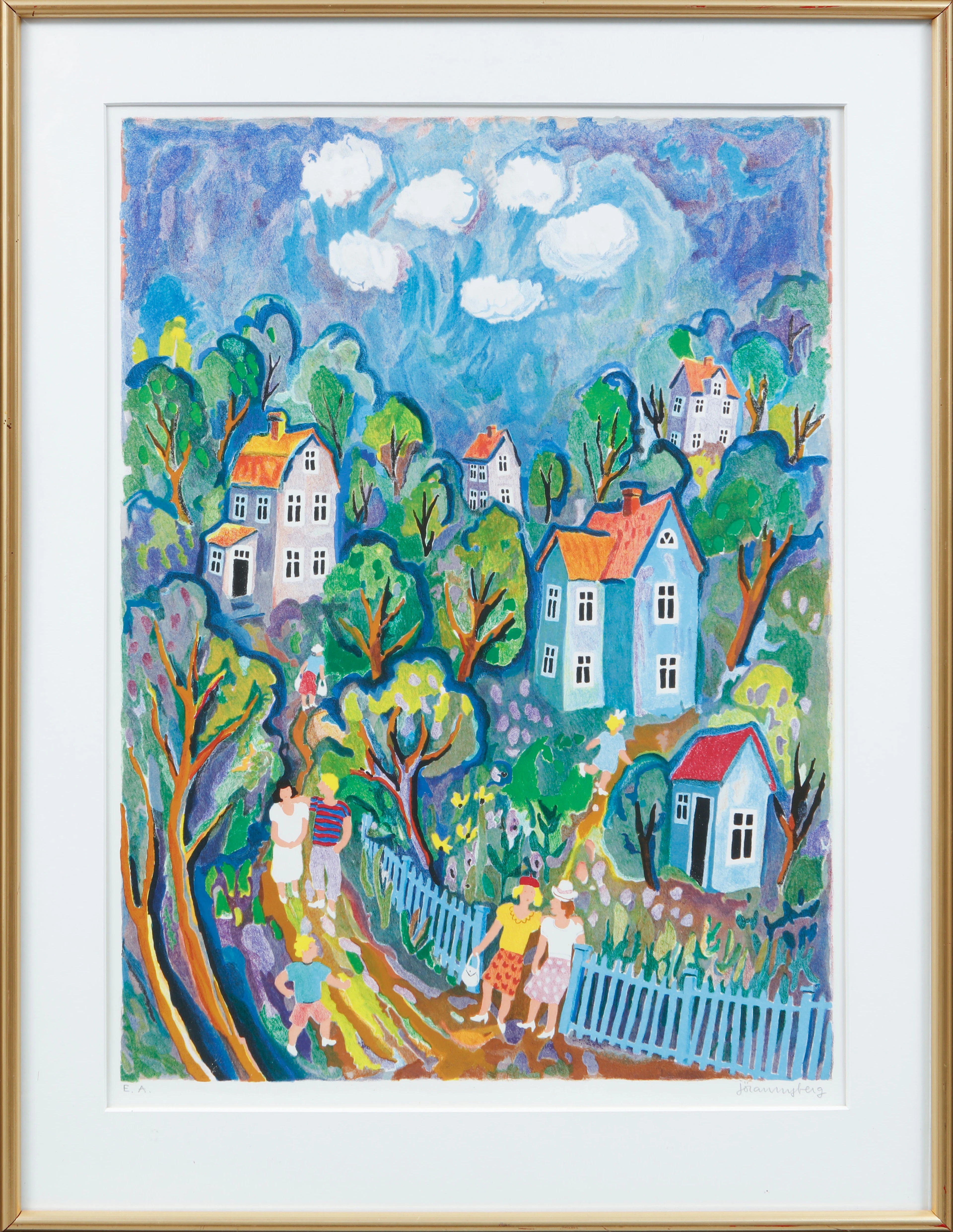 JÖRAN NYBERG. Bostadsområde, färglitografi, signerad. Provtryck.