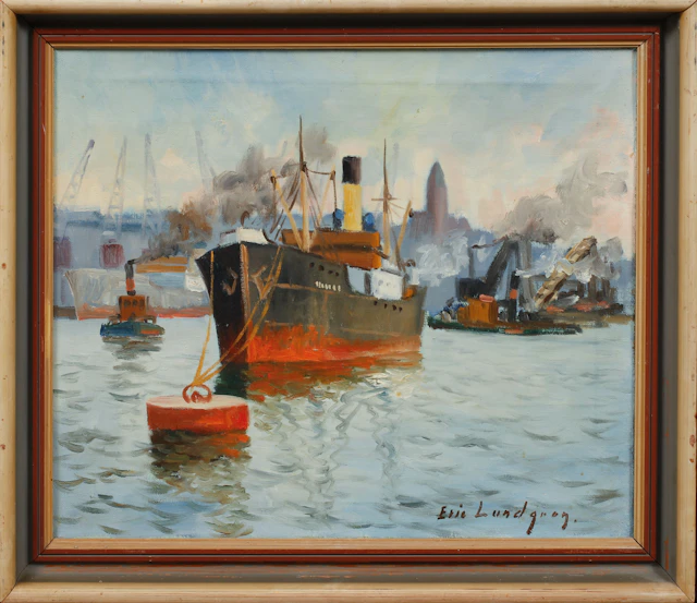 ERIC LUDNGREN. Göteborgs hamn, olja på duk, signerad.
