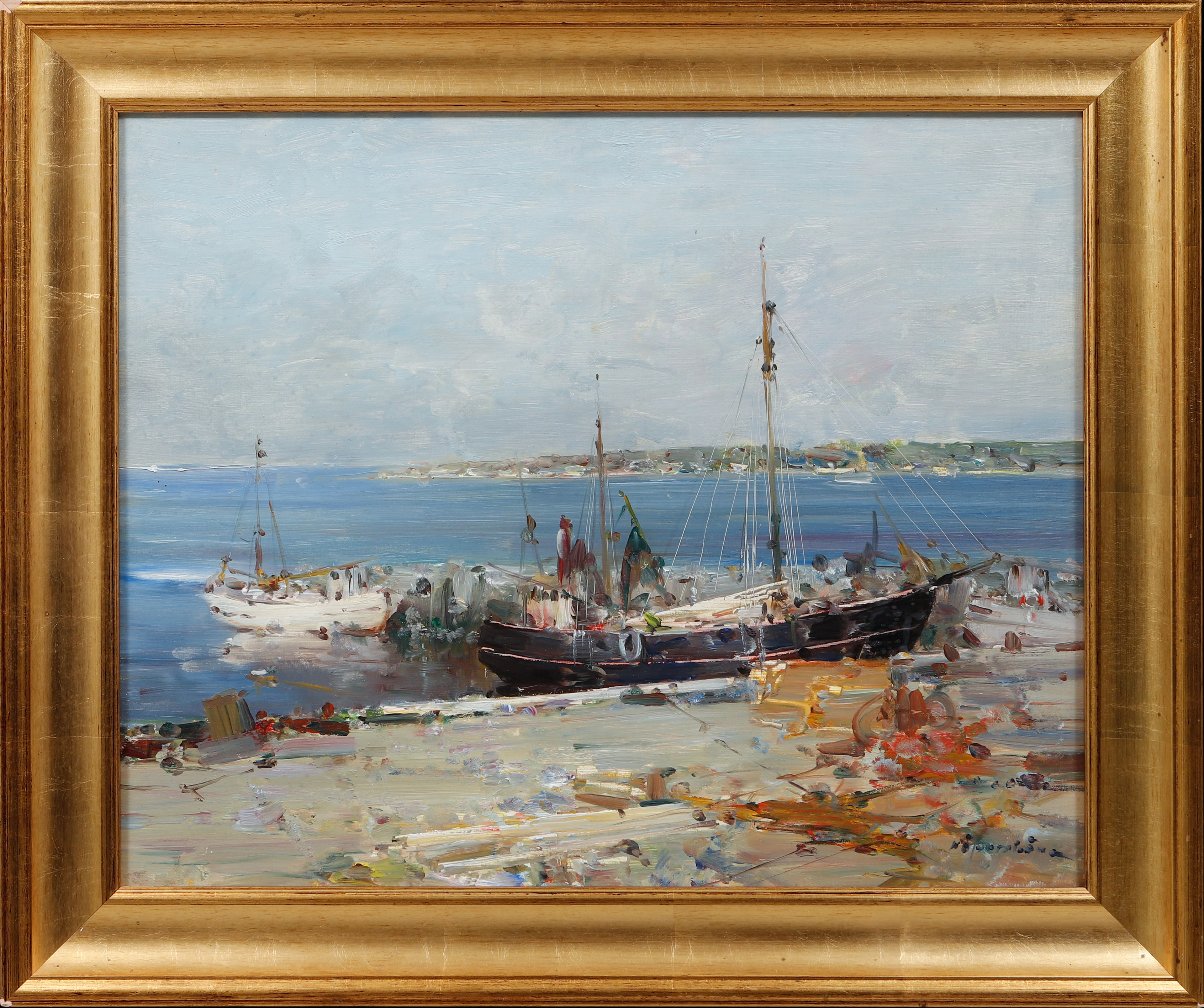 HUGO ÖFVERSTRÖM. Kustbild med fiskebåtar, olja på pannå, signerad.