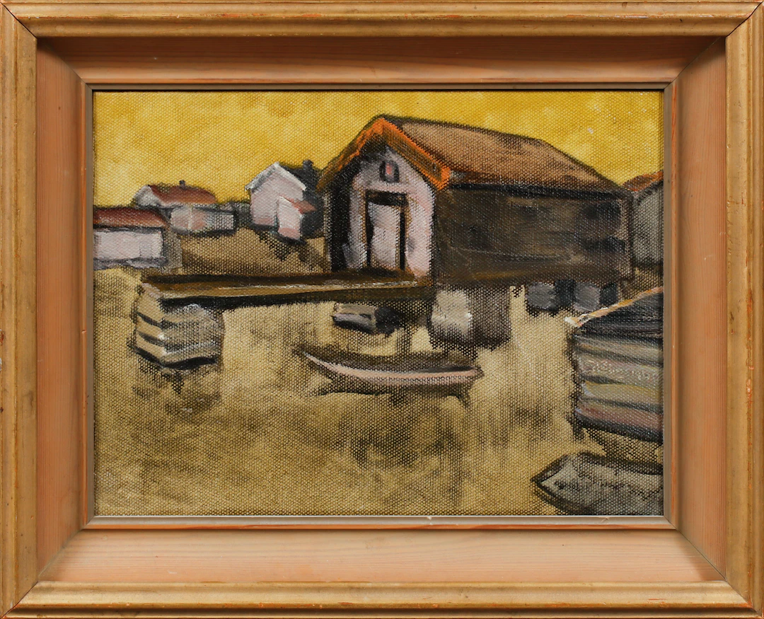 GUNNAR LÖBERG. Fiskebodar och eka, olja på duk, signerad.