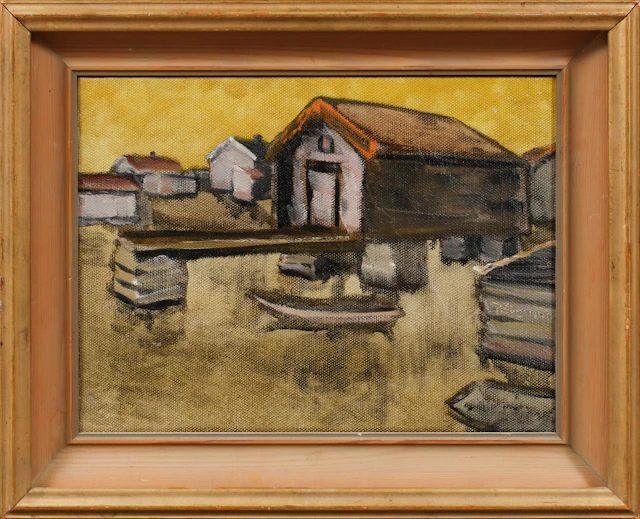 GUNNAR LÖBERG. Fiskebodar och eka, olja på duk, signerad.
