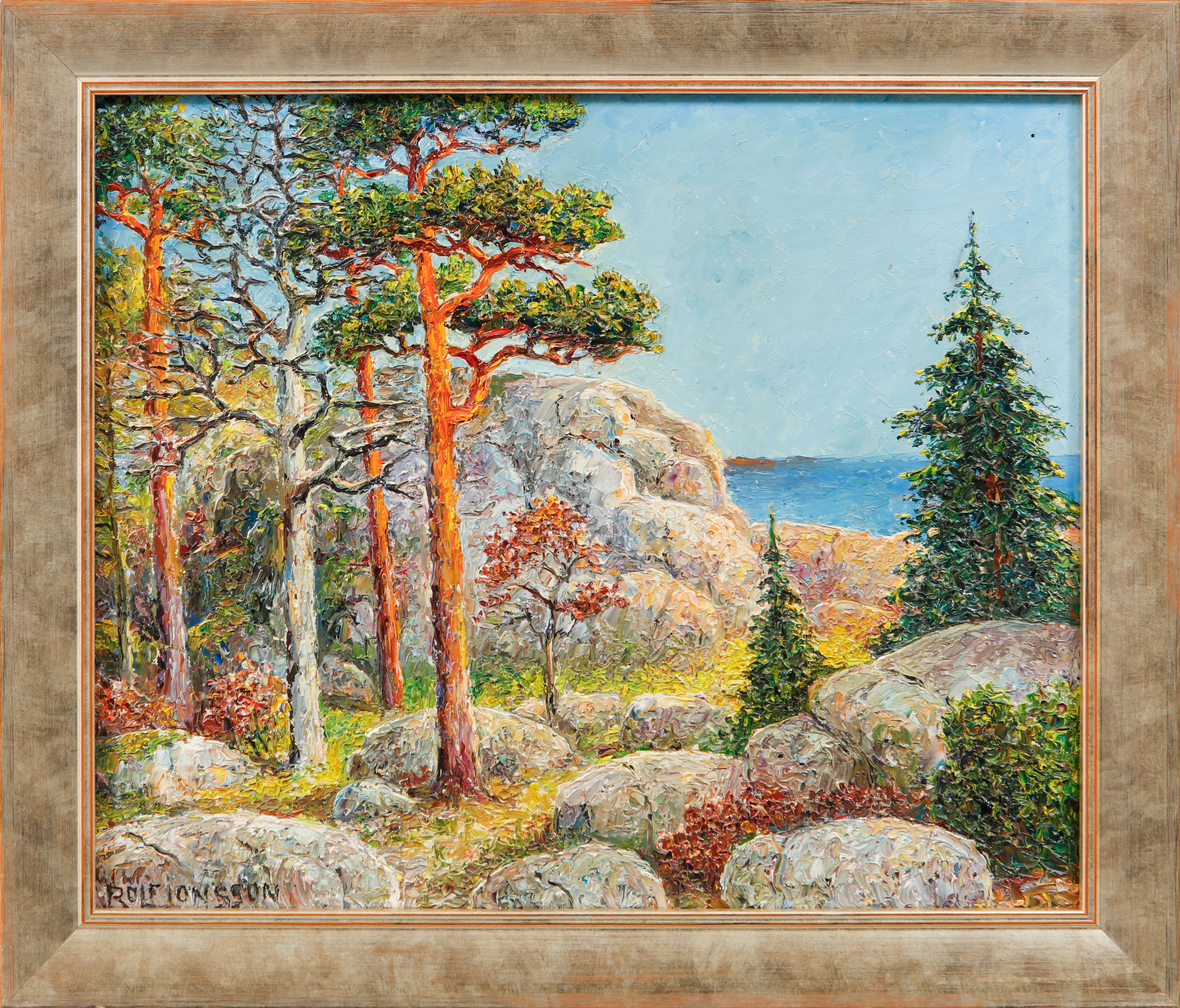 ROLF JONSSON. Kustlandskap, olja på pannå, signerad.