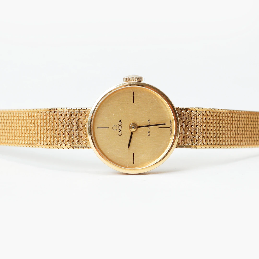 ARMBANDSUR, Omega, De Ville, 18k guld i boett och länk, quartz, totalvikt