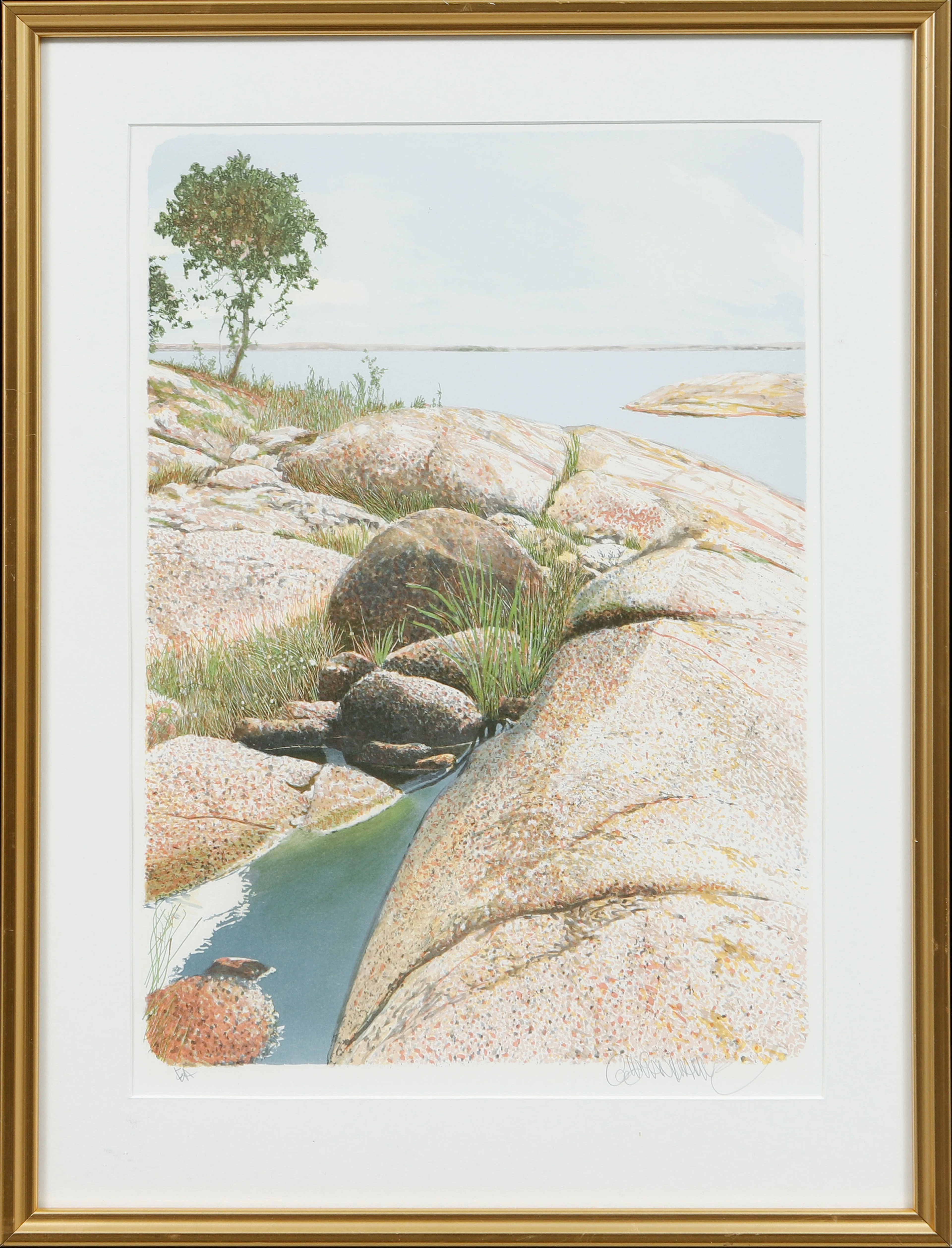 GÖRAN HAHNE. Skärgårdsmotiv, färglitografi, signerad.EA.