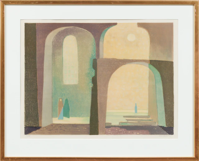SVEN JONSON. Komposition med portaler och figurer, färglitografi