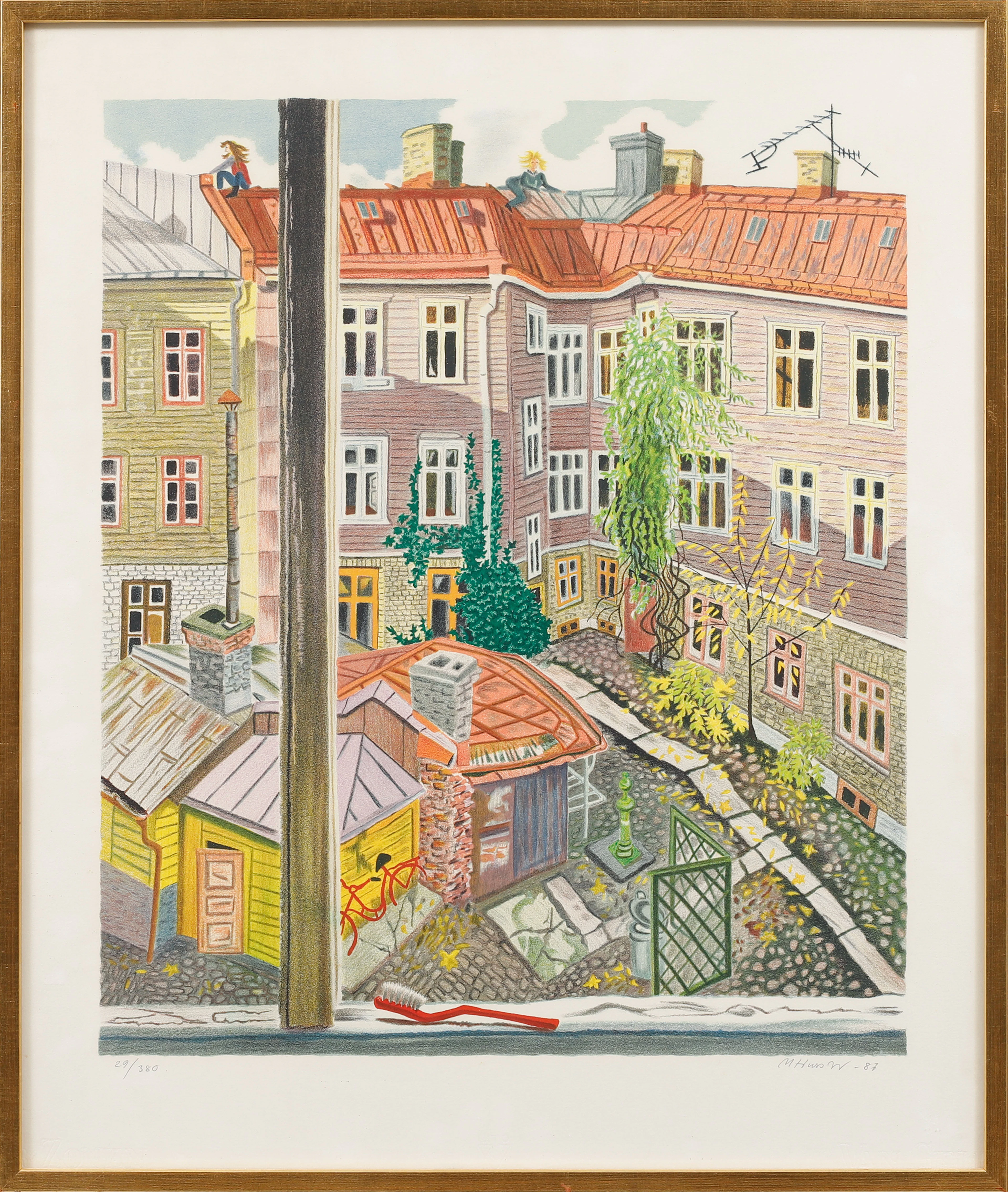 MONA HUSS WALIN. "Kvarteret Geväret", färglitografi, signerad och