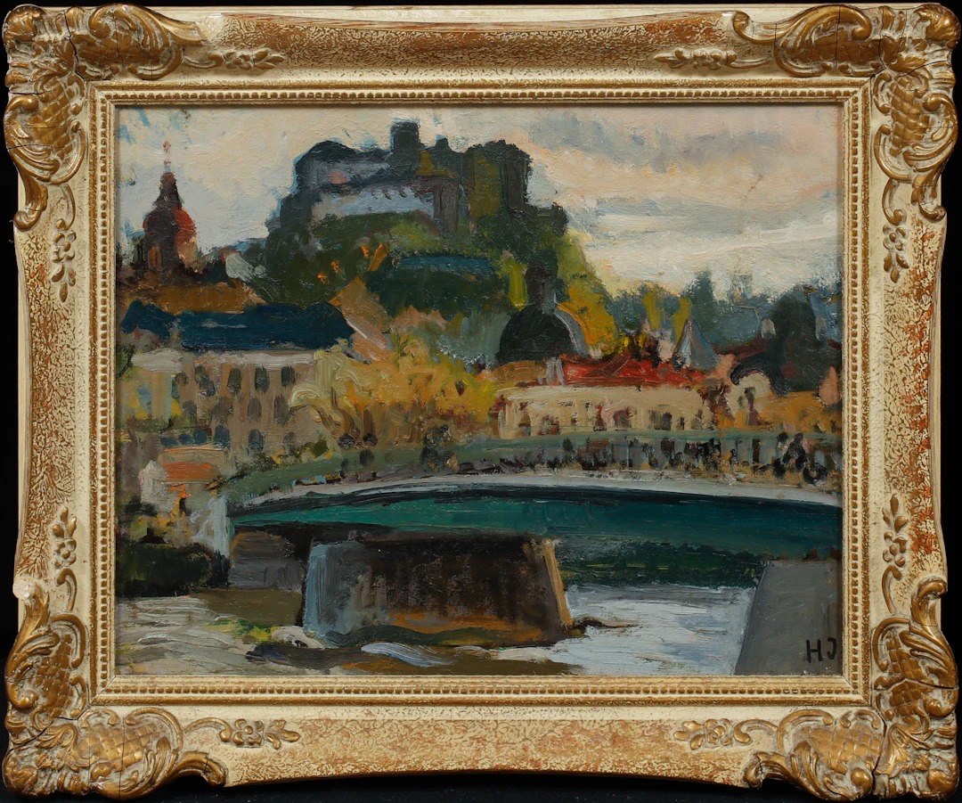 HILDEGARD VON JANTSCH. Motiv över Saltzburg, olja på pannå, signerad.