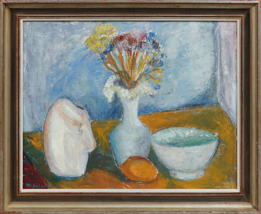MARGIT SIBERG. Olja på duk, Blomsterstilleben, signerad.
