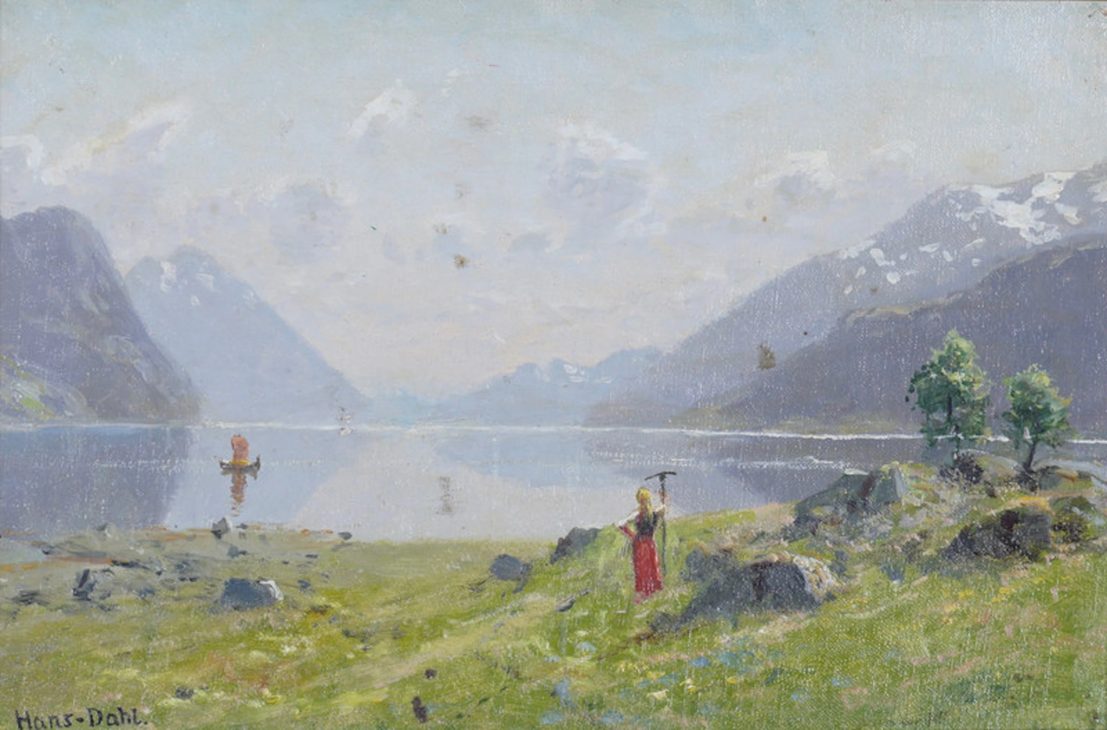 Pike med rive i fjordlandskap - Dahl, Hans(1849-1937)