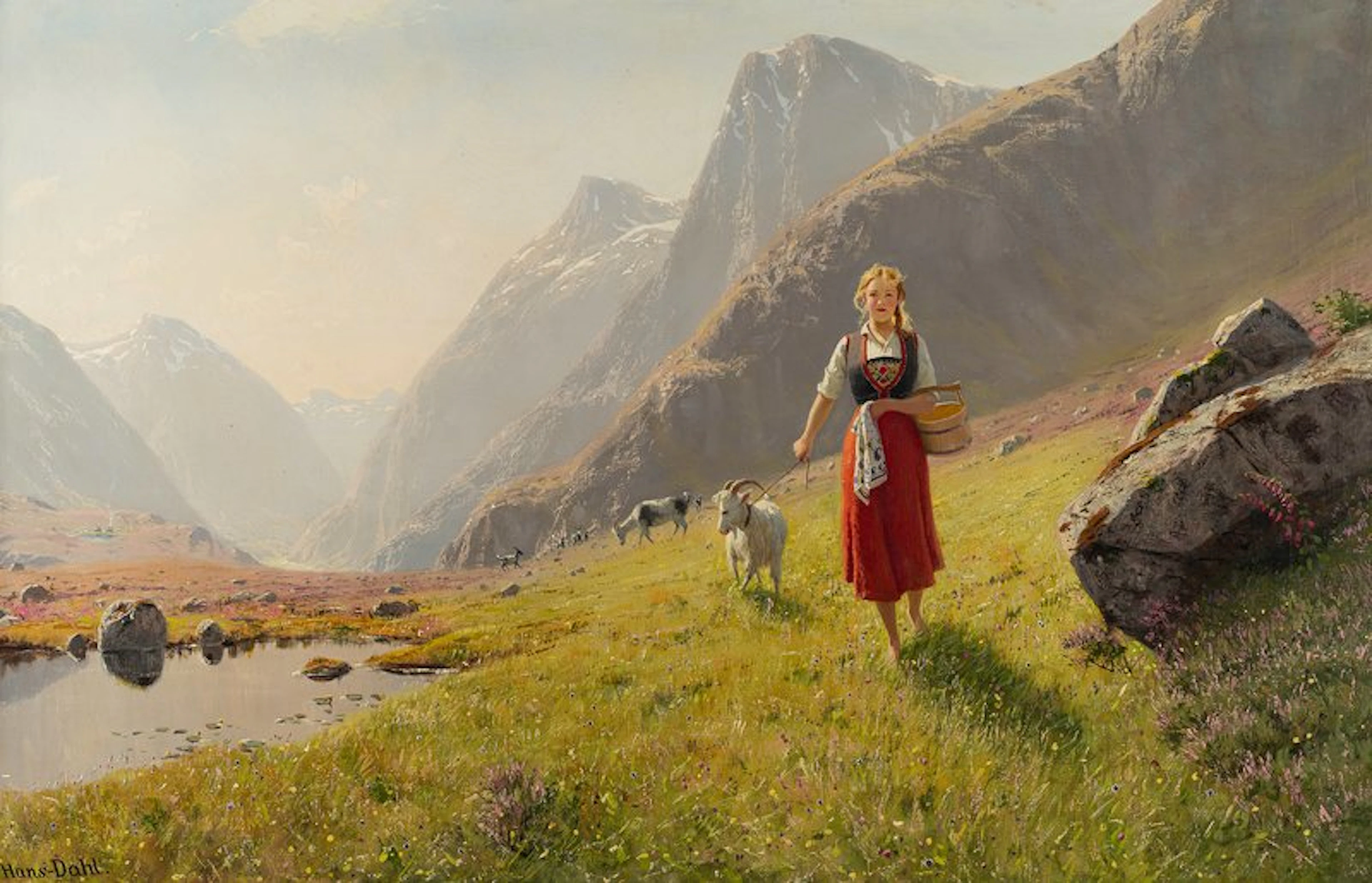Girl with a wooden bucket leading goats - Dahl, Hans(1849-1937)