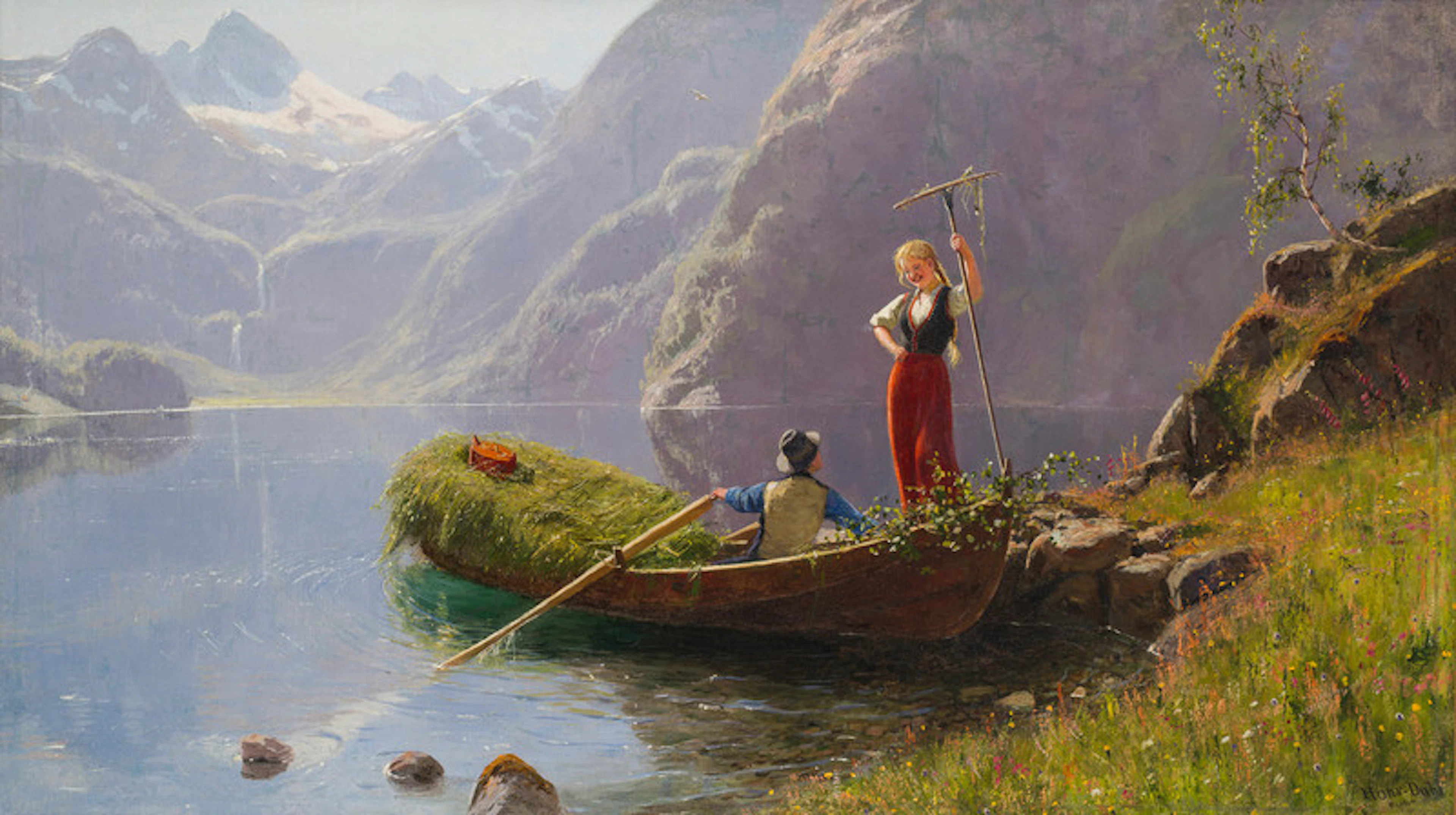 Fjord Landscape with Figures, Harvesting - Dahl, Hans(1849-1937)