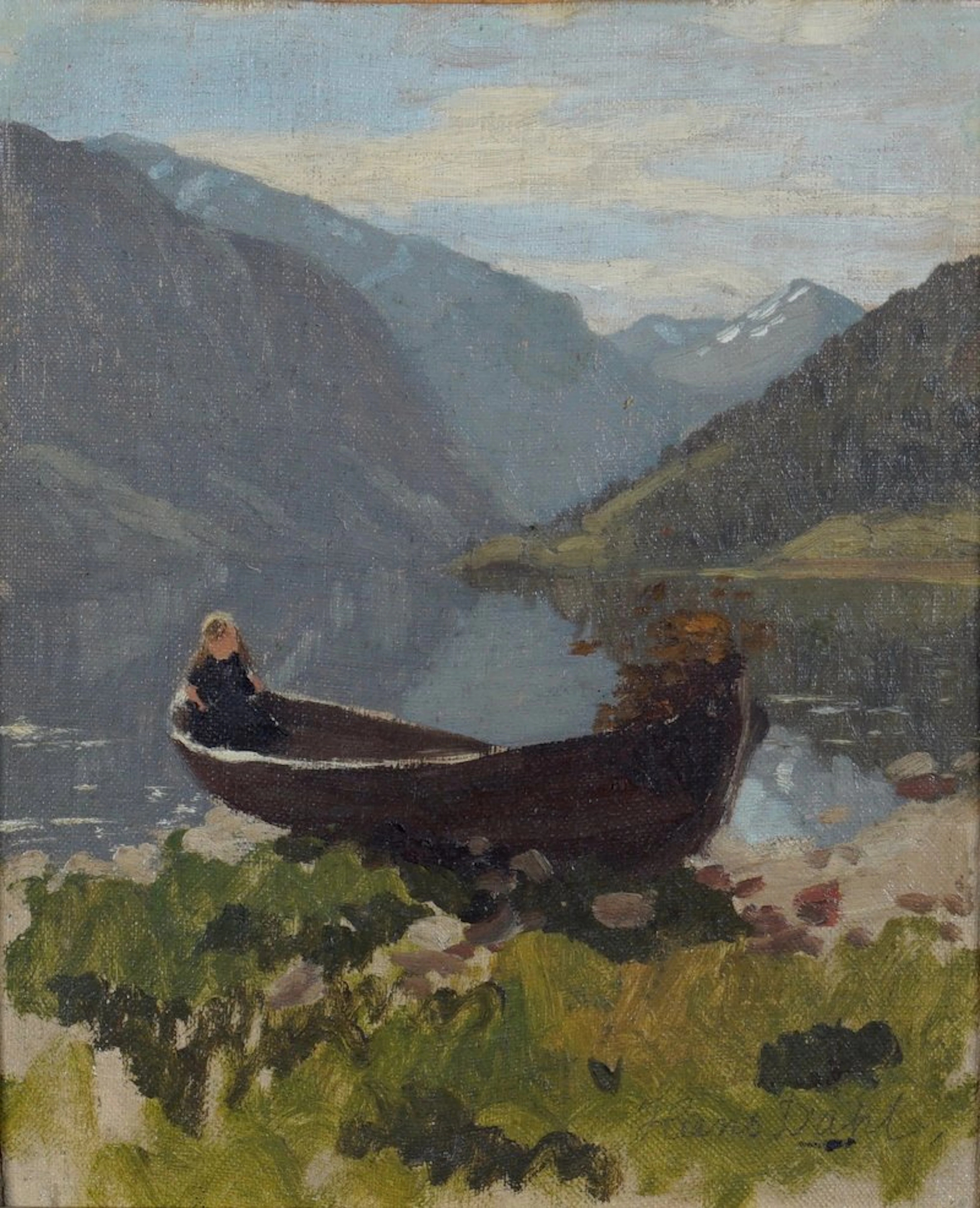 Strandparti med robåt - Dahl, Hans(1849-1937)