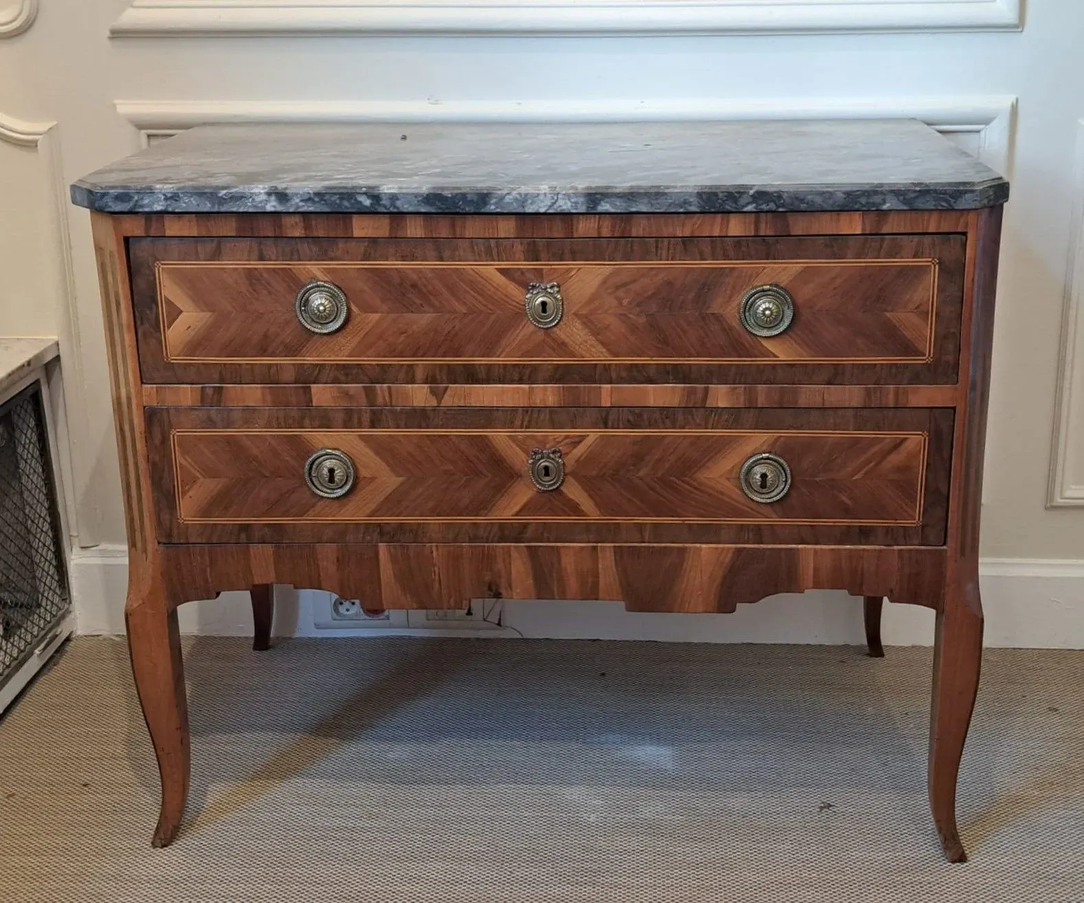 A wood veneer and marquetry COMMODE opening on the front with two ...