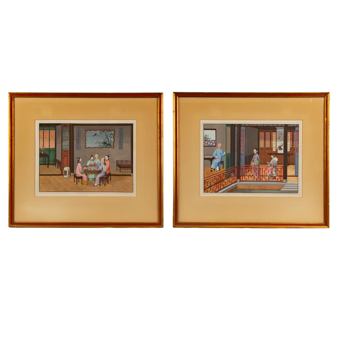 19th Century. Pair of Chinese Export Gouaches of Interiors