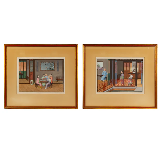 19th Century. Pair of Chinese Export Gouaches of Interiors