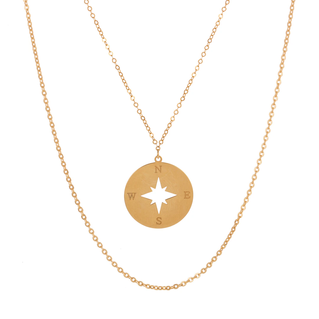 A Compass Disc Pendant & Two Chains in 14K