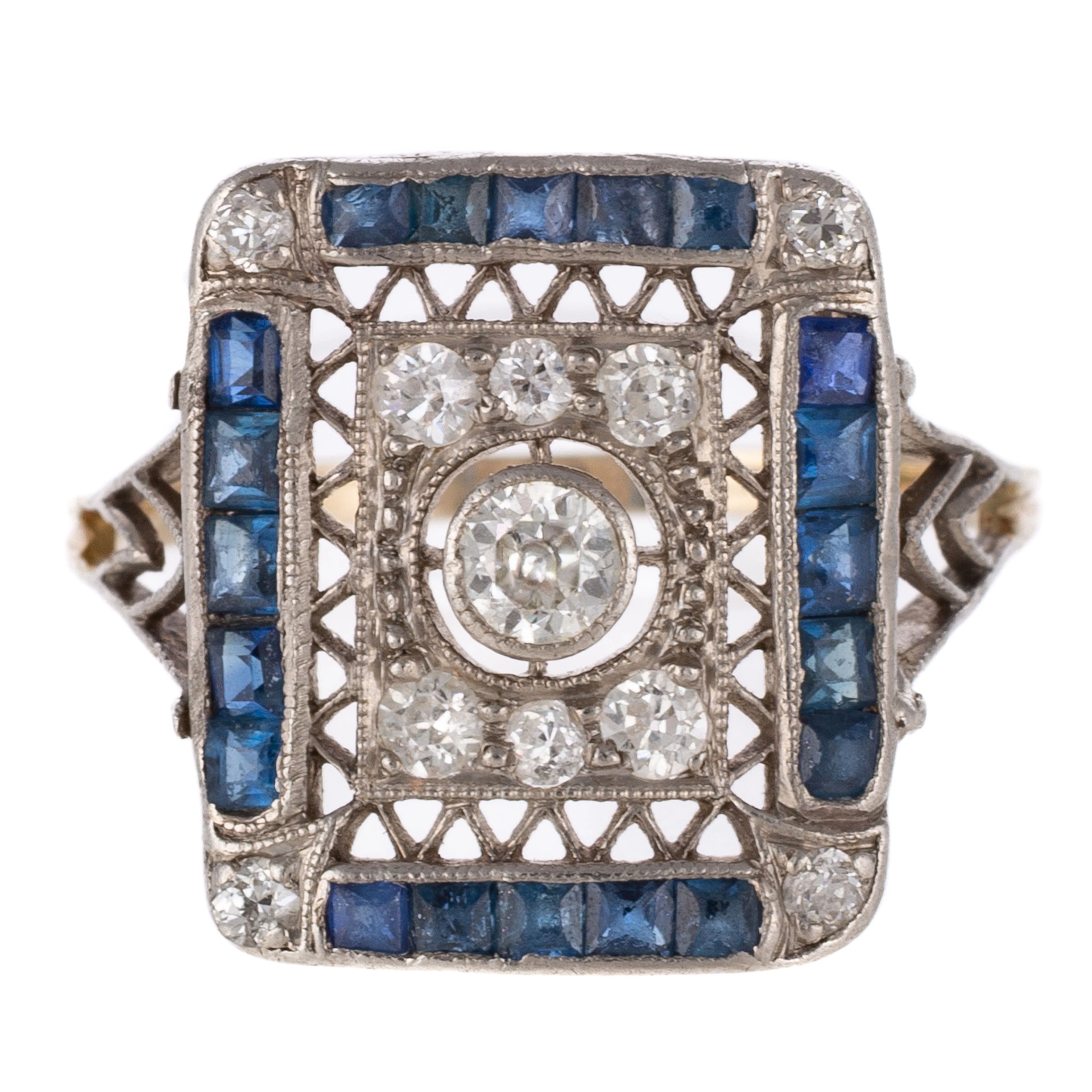 An Art Deco Diamond & Sapphire Filigree Ring in Platinum