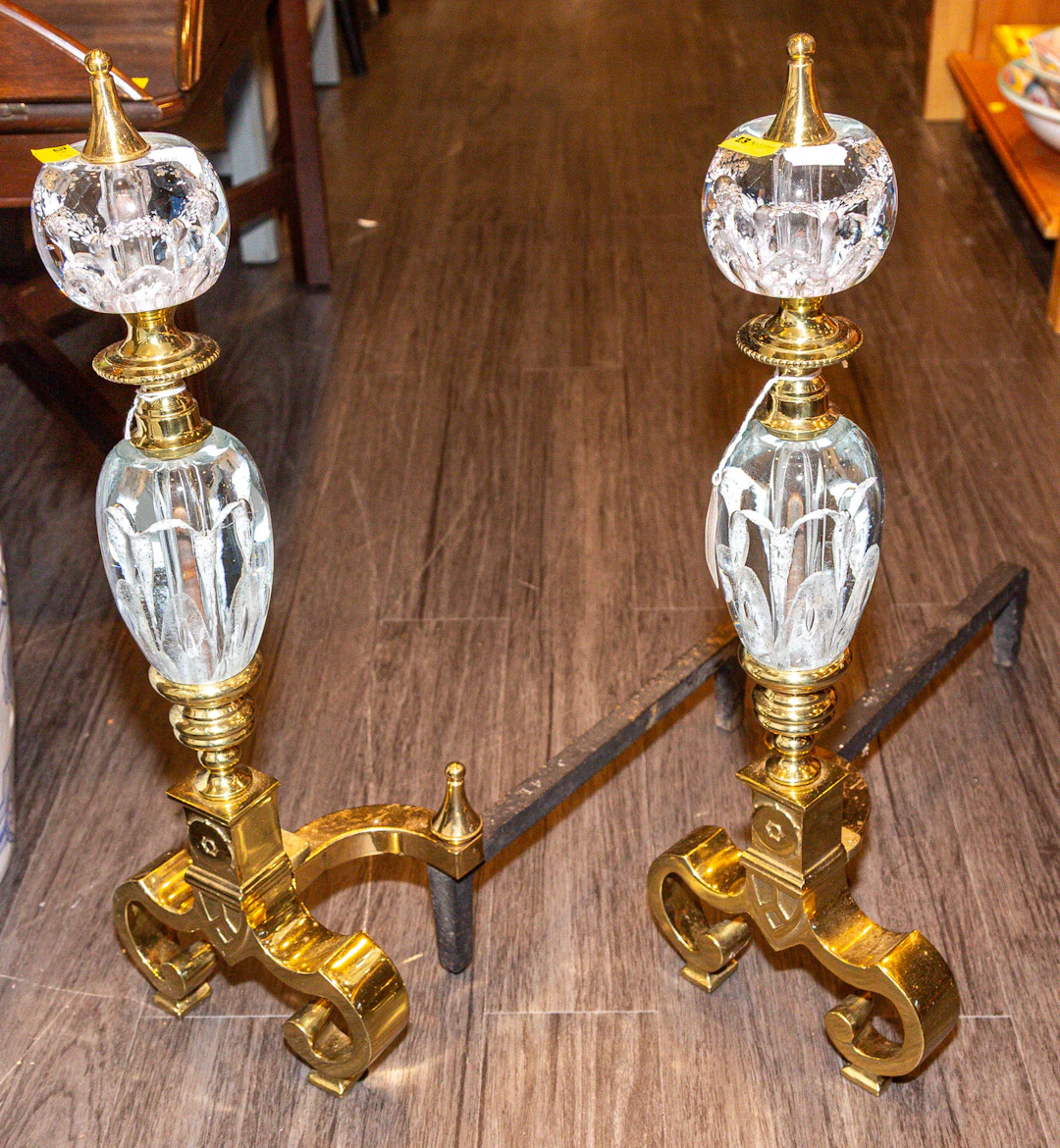 An Unusual Pair of Glass & Brass Andirons