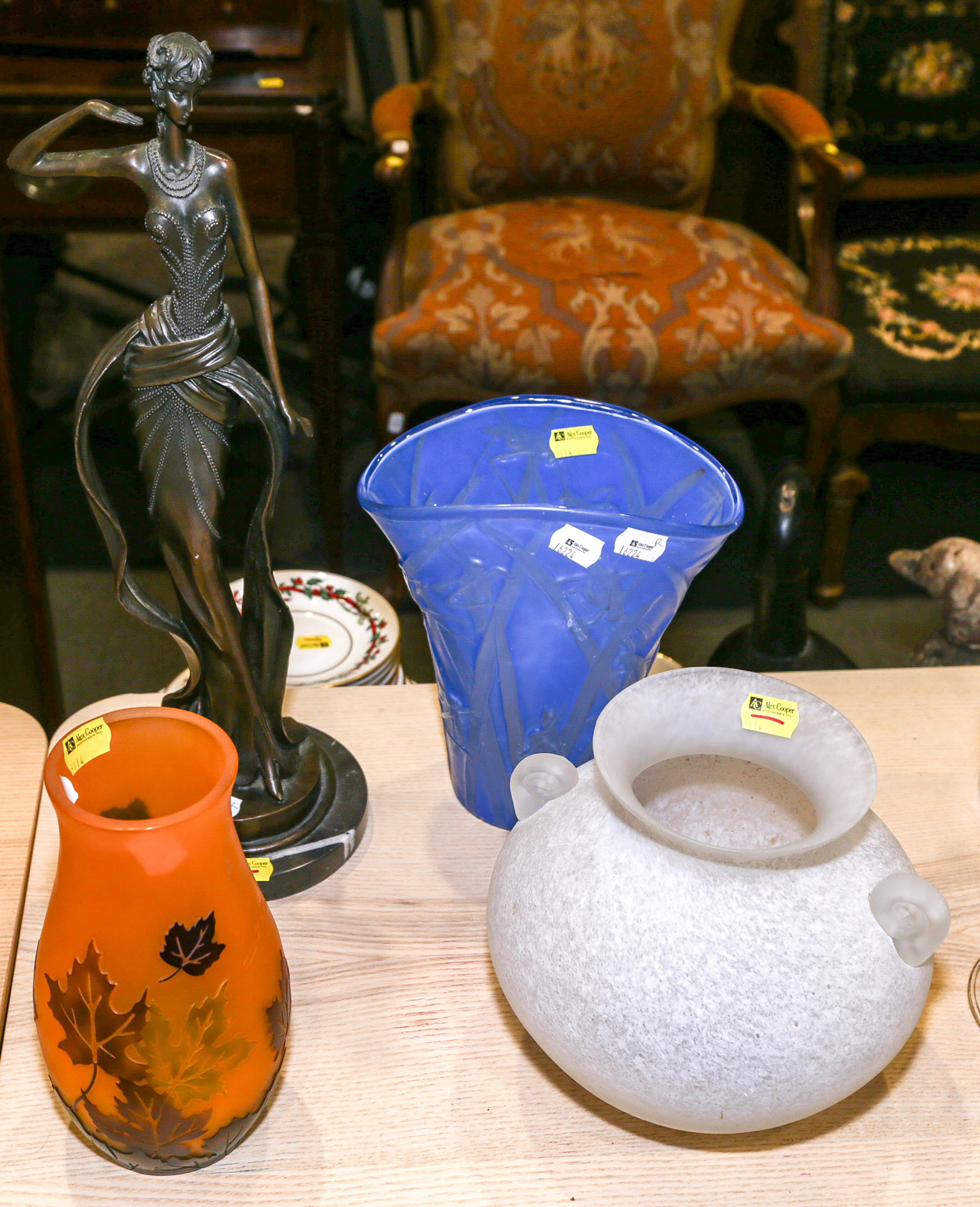 Three Pieces of Art Glass & a Bronze Figure