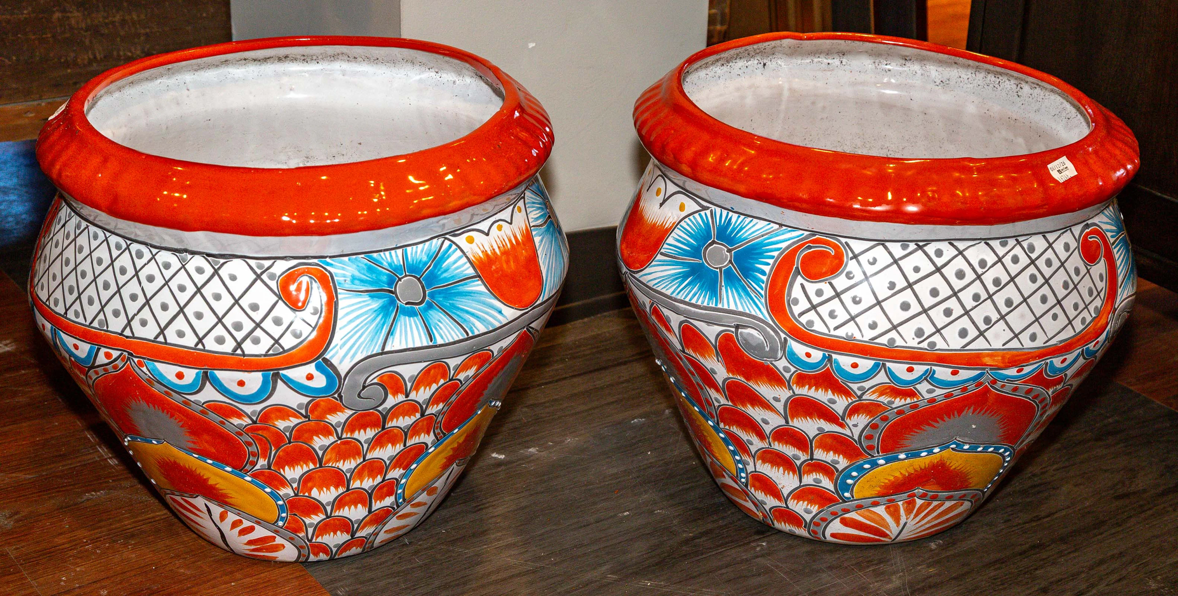 A Pair of Mexican Painted Terracotta Jardinieres