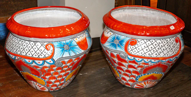 A Pair of Mexican Painted Terracotta Jardinieres