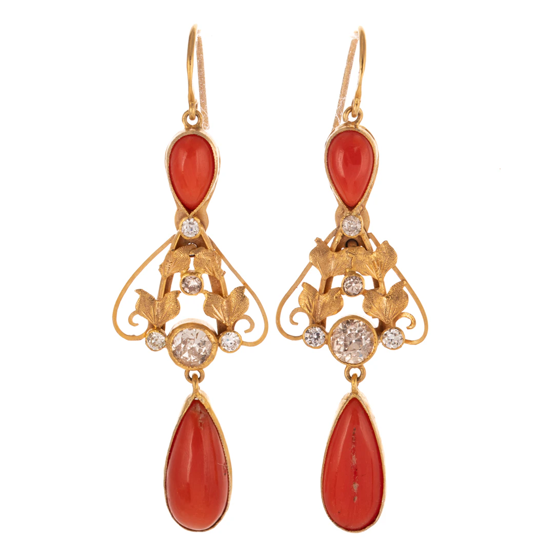 A Pair of Victorian Diamond & Coral Earrings in 9K
