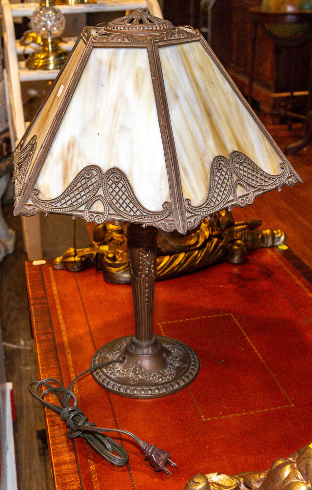 An Adam Revival Table Lamp with Slag Glass Shade