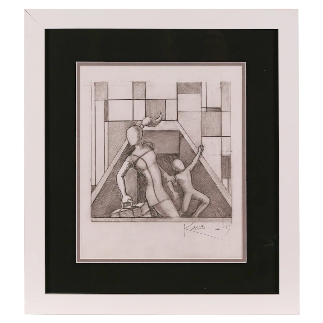 Mark Kostabi. "The Pull of the Future," graphite