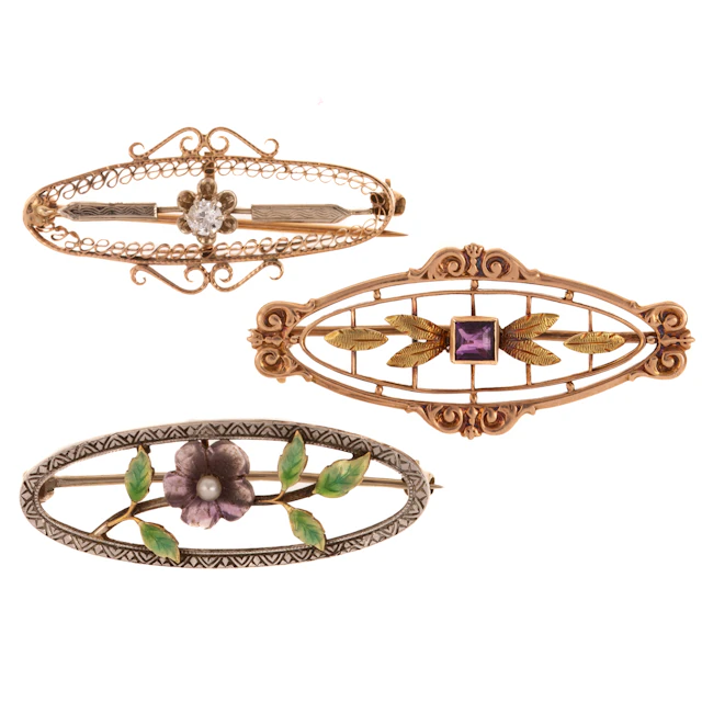 A Trio of Antique Open Work Pins in 10K