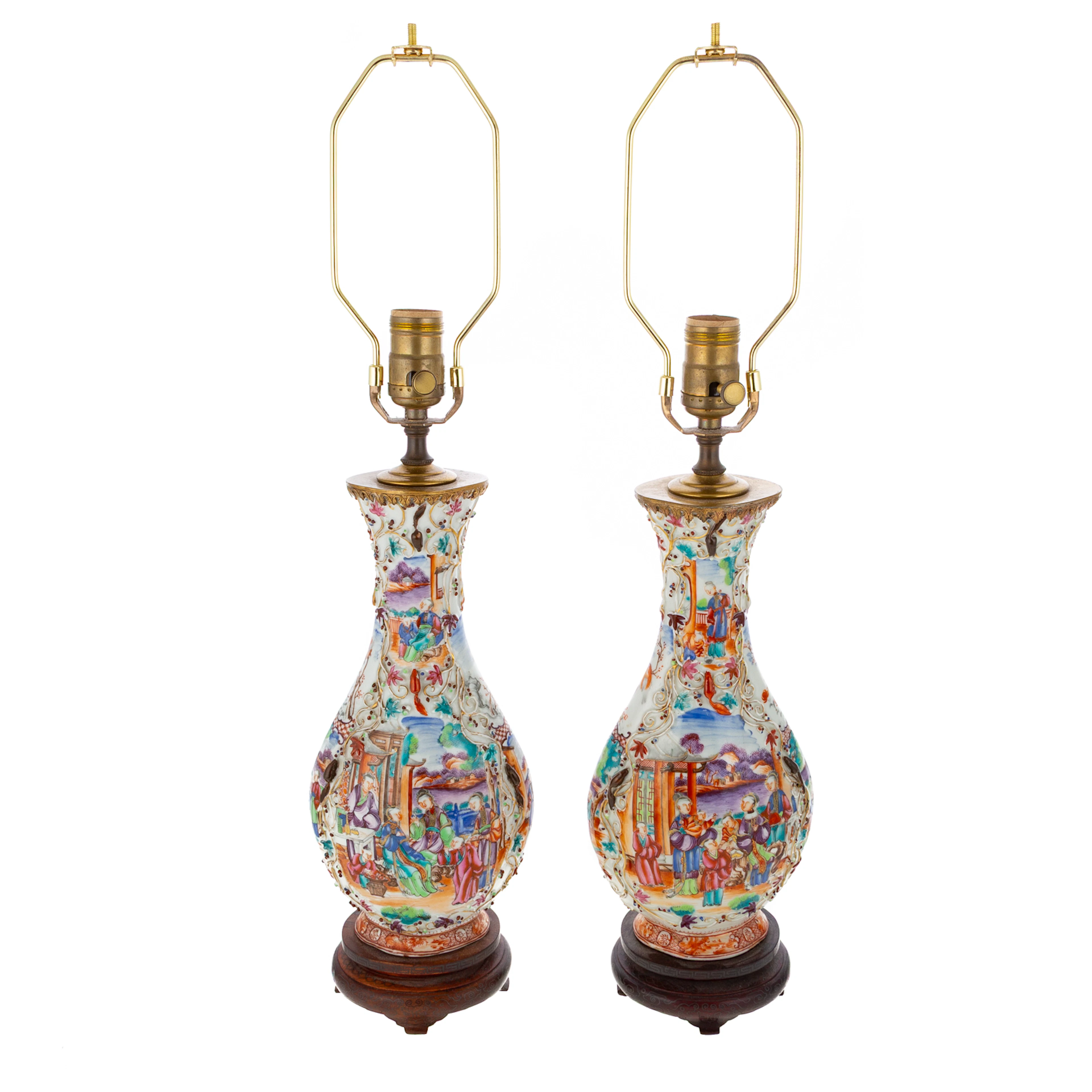 A Pair of Chinese Export Rose Mandarin Pallete Vases