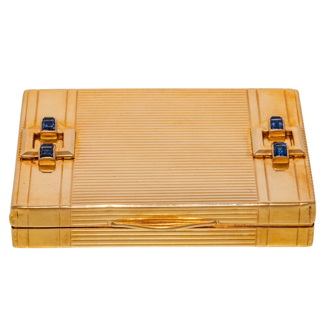 A Cartier Retro Compact Case with Sapphires in 14K